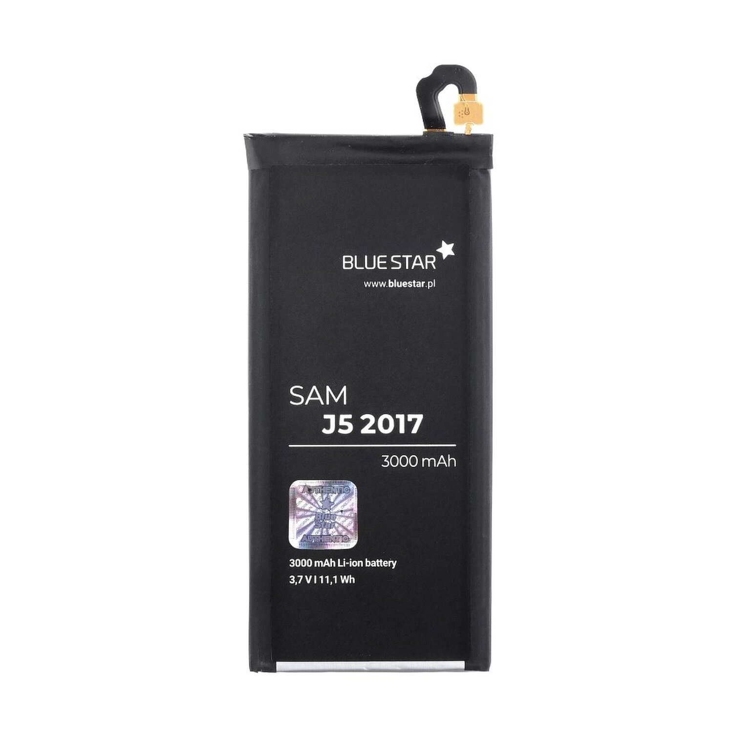 Ein schwarzer Telefonakku mit 'BLUE STAR' und 'SAM J5 2017'. Es trägt '3000 mAh'.