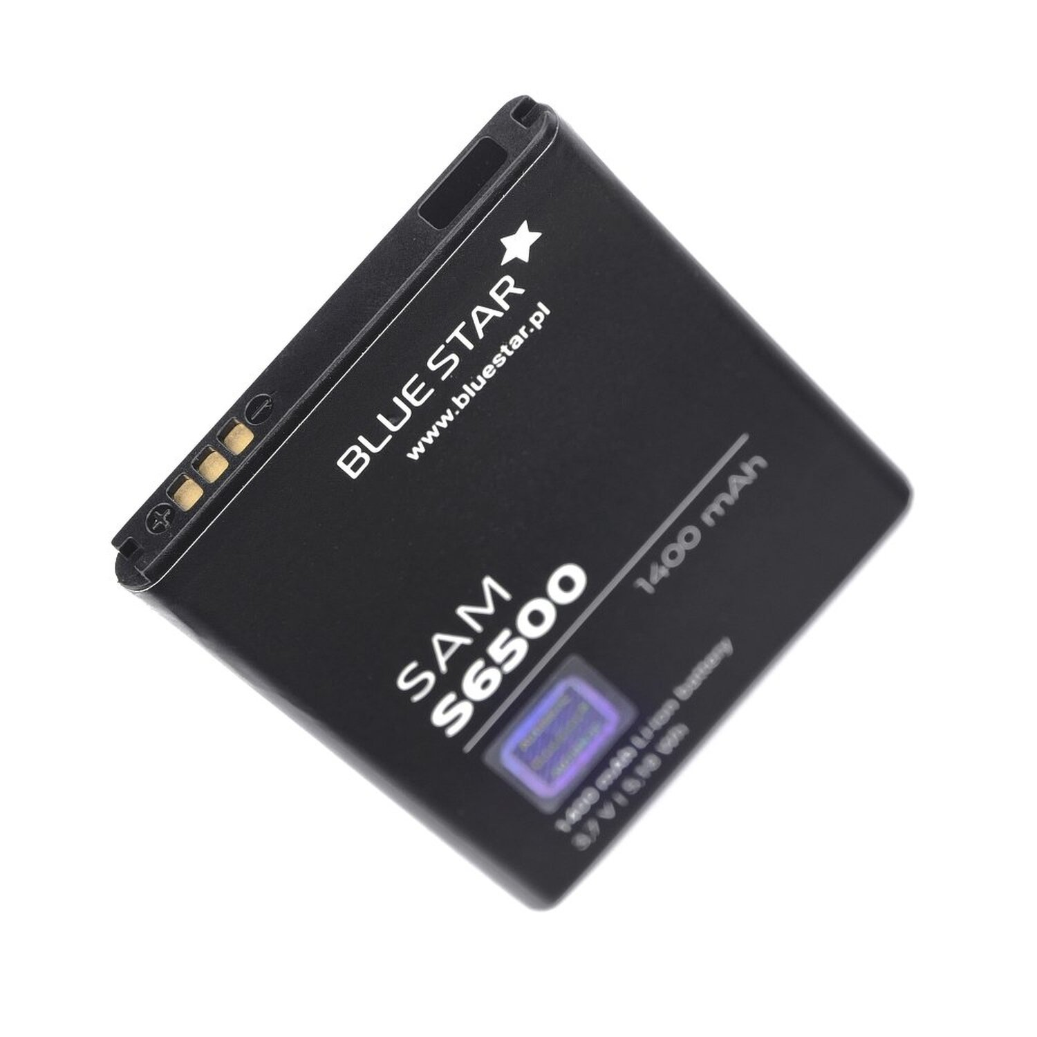 Schwarze Batterie. Der Text auf der Batterie lautet BLUE STAR, SAM S6500 und 1400 mAh.