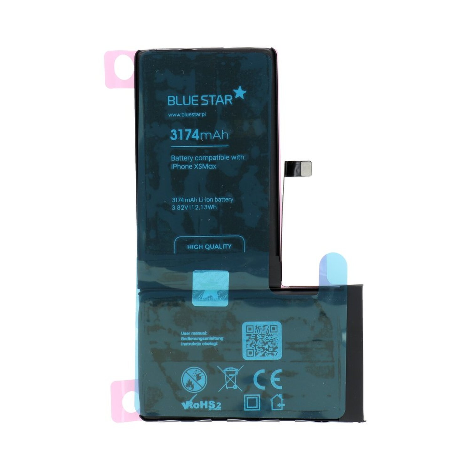 Eine schwarze Telefonbatterie mit Text und weißem Hintergrund.