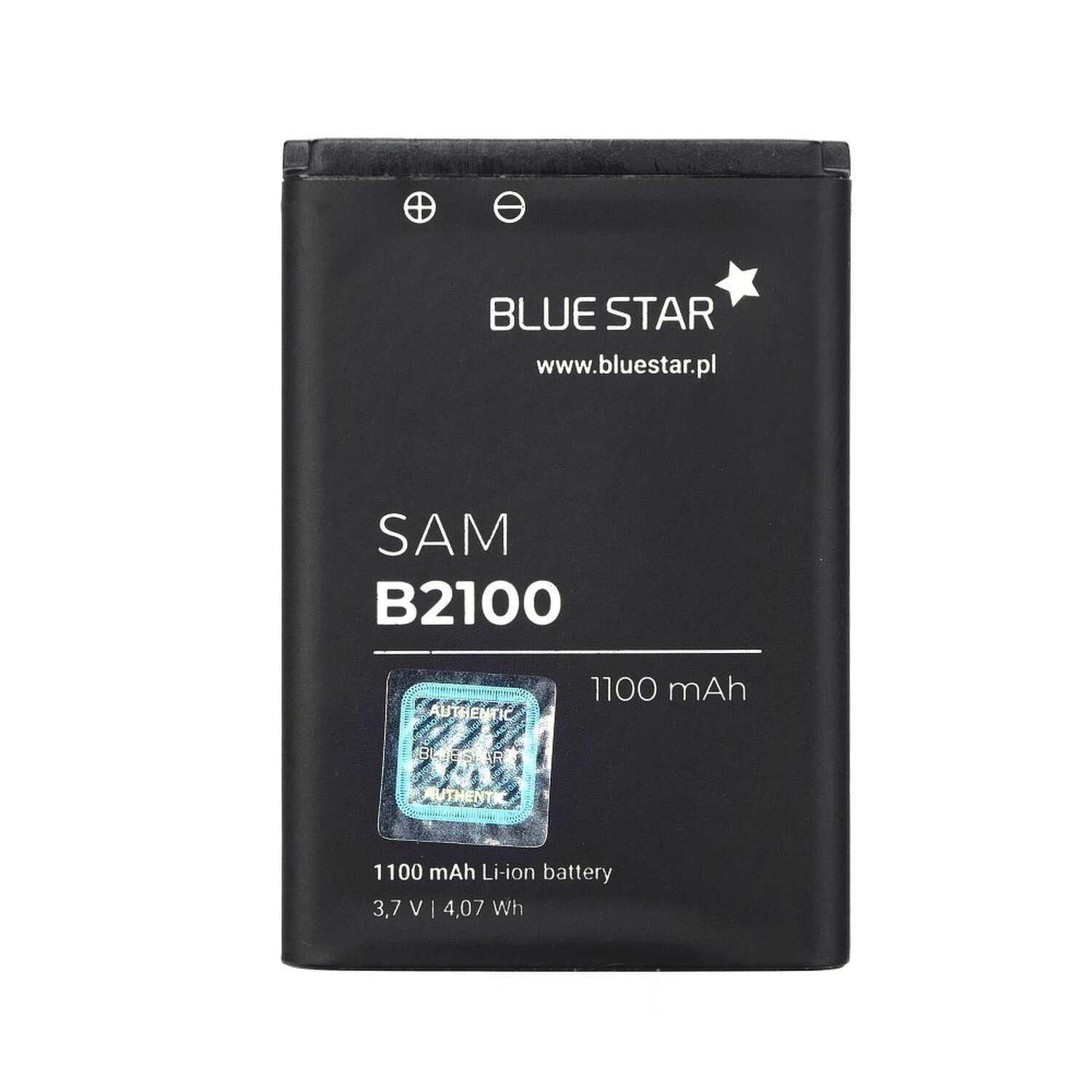 Schwarzer Akku mit der Aufschrift SAM B2100 und 1100 mAh. Blue Star Logo.