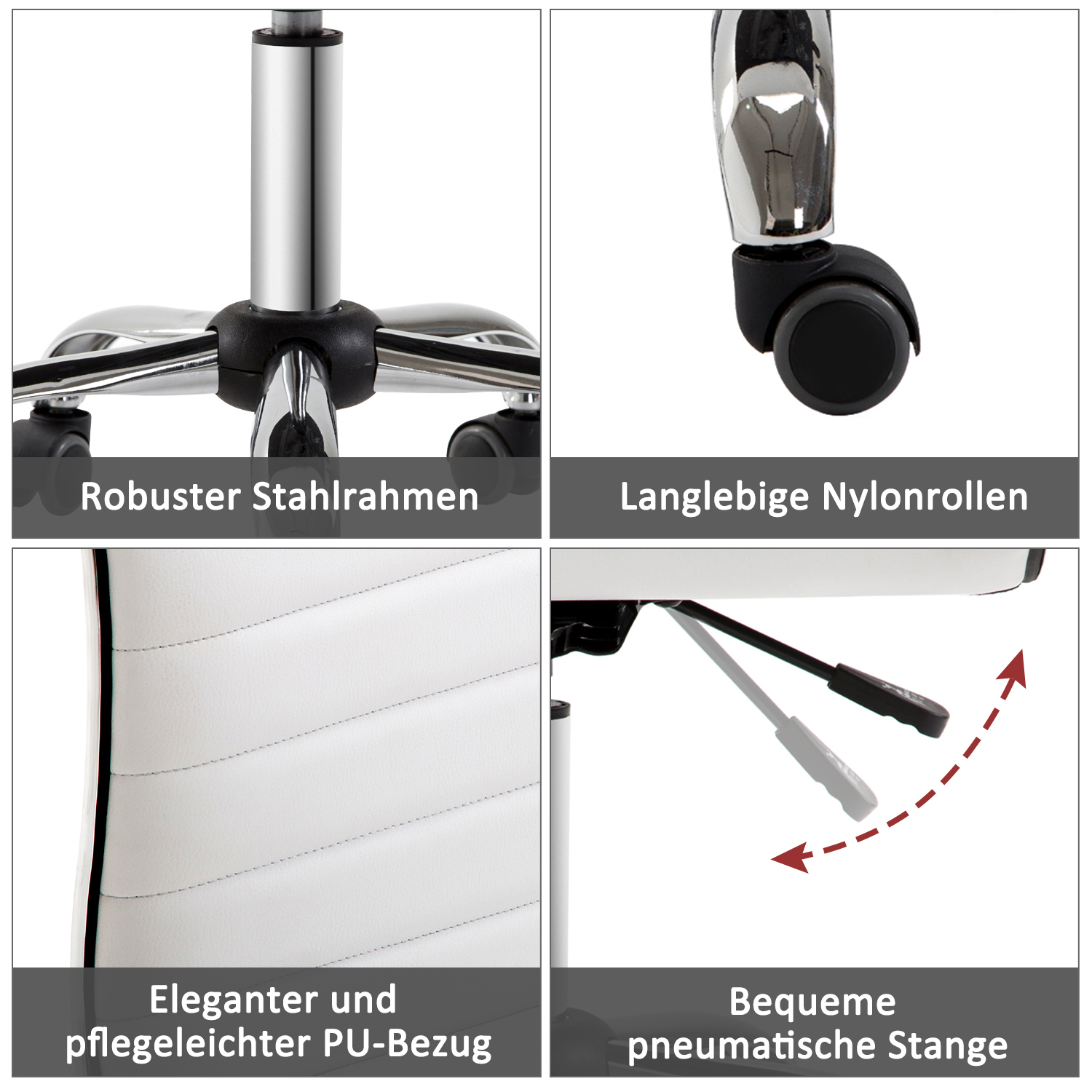 Nahaufnahmen eines Bürostuhls: robuster Rahmen, Nylonrollen, PU-Polsterung und pneumatische Steuerung.