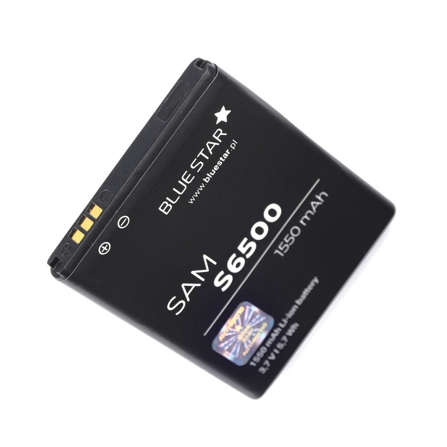 Schwarzer Telefonakku mit Text: SAM S6500 1550 mAh. Blue Star Logo oben links.