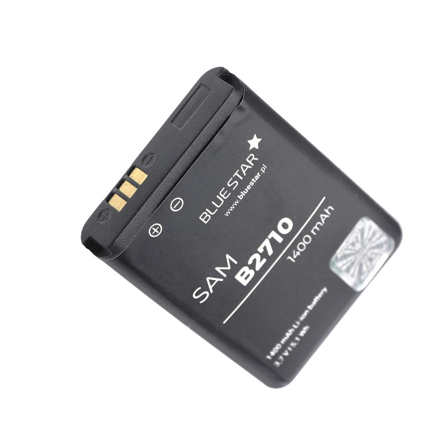Schwarzer Akku mit weißem Text: 'Bluestar', 'SAM B2710' und 1400 mAh.