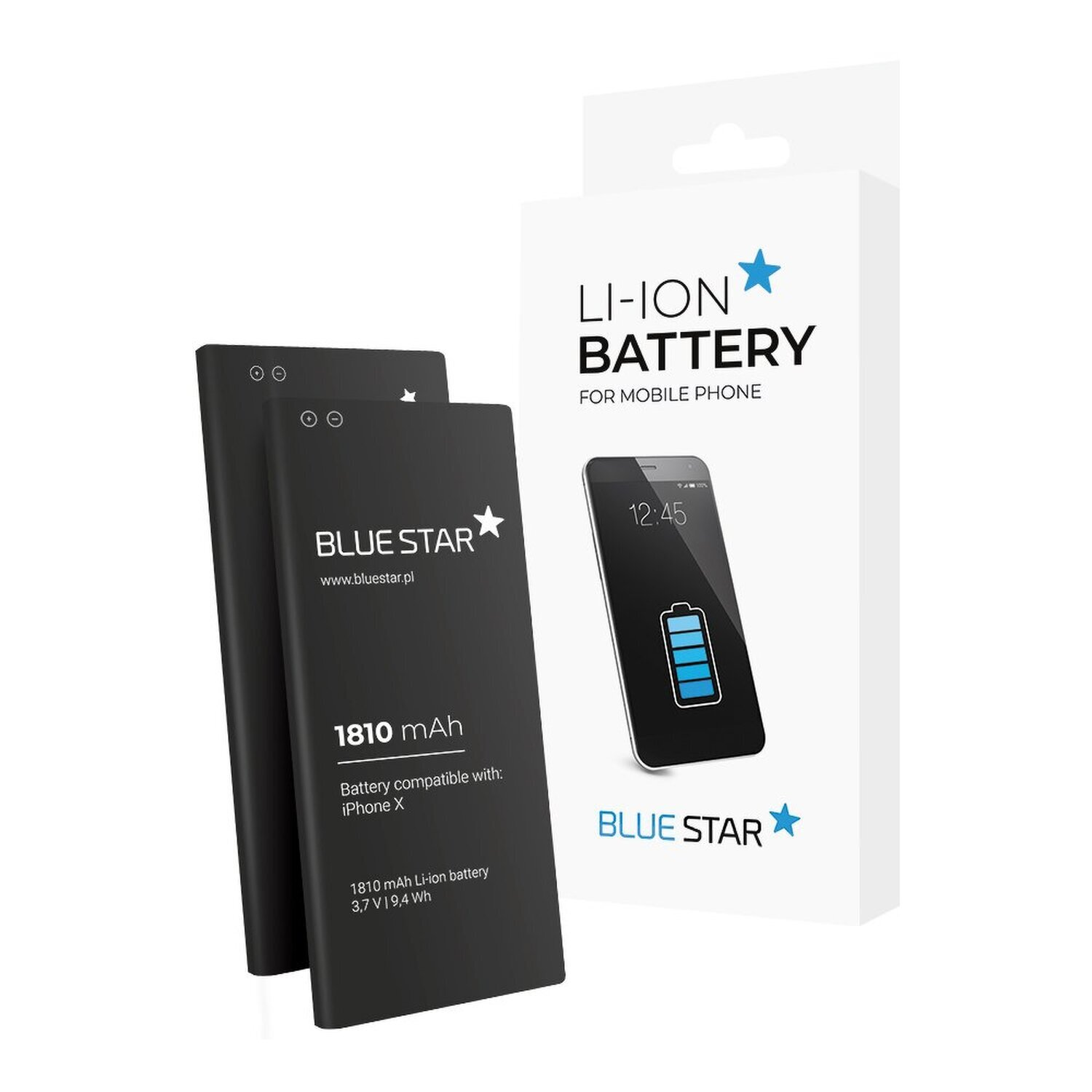 Schwarze Telefonbatterien neben einer weißen Box mit einem Telefonbild und Text.