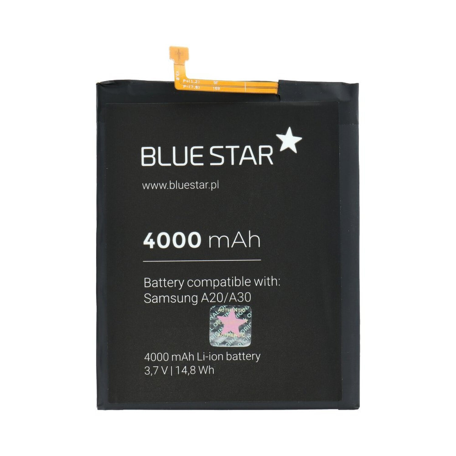 Schwarze Batterie mit Text. Text lautet BLUE STAR, 4000 mAh, Samsung A20/A30.