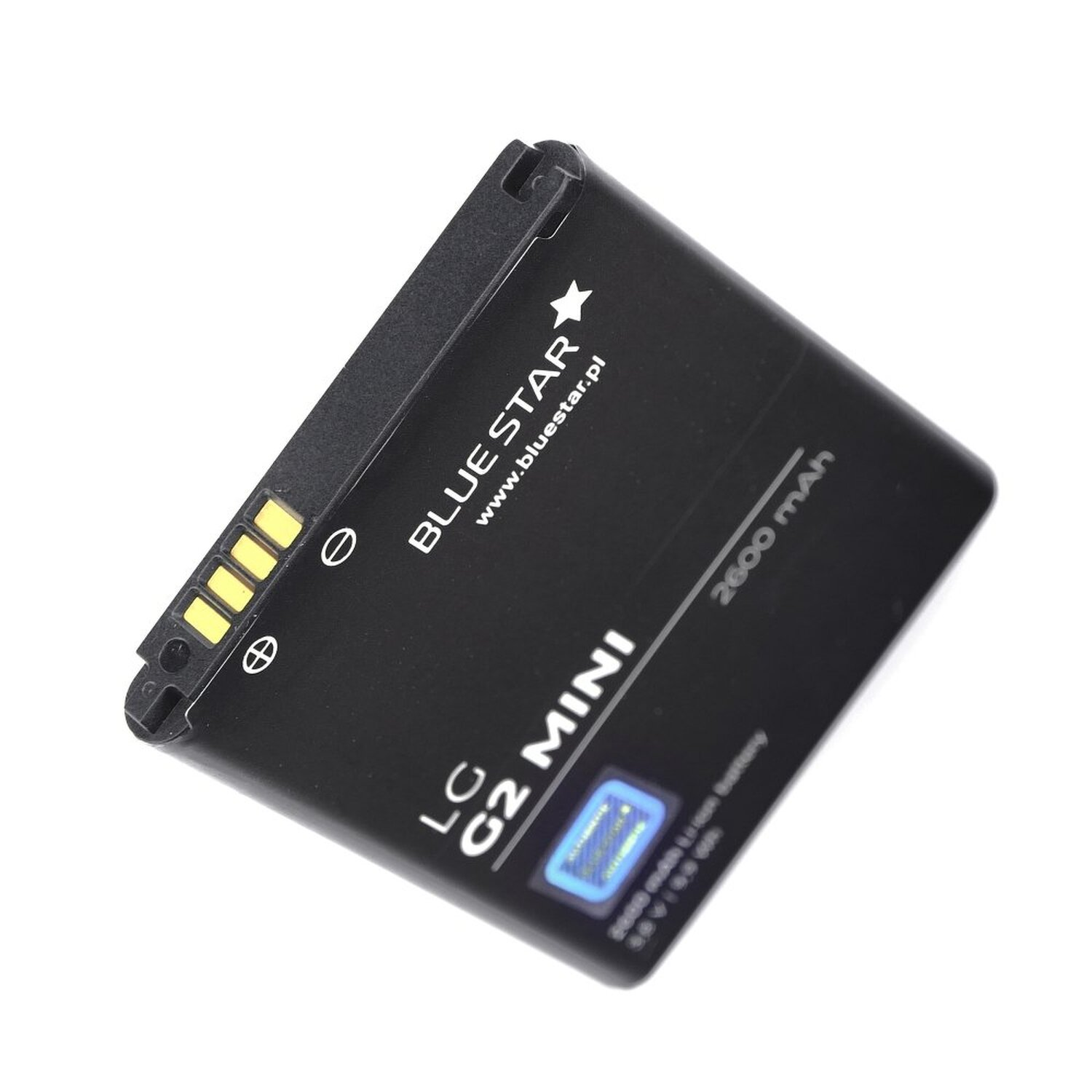 Schwarzer Telefonakku. Er hat ein blaues Sternlogo und '2600 mAh'.