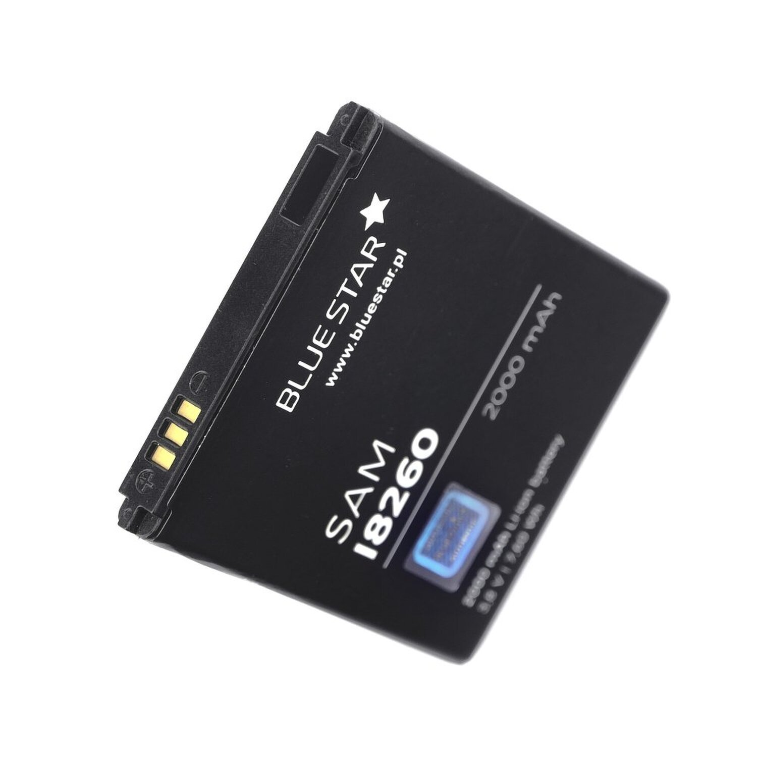 Schwarze Blue Star SAM 18260 2000 mAh Batterie auf weißem Hintergrund.