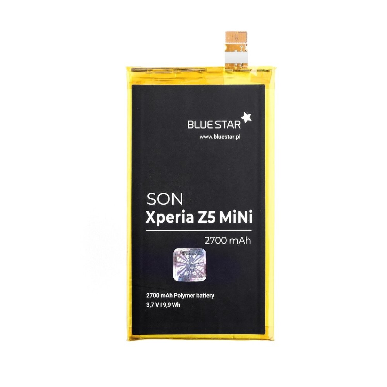 Schwarzer Blue Star Telefonakku mit weißem Text und gelbem Rahmen auf weißem Hintergrund.