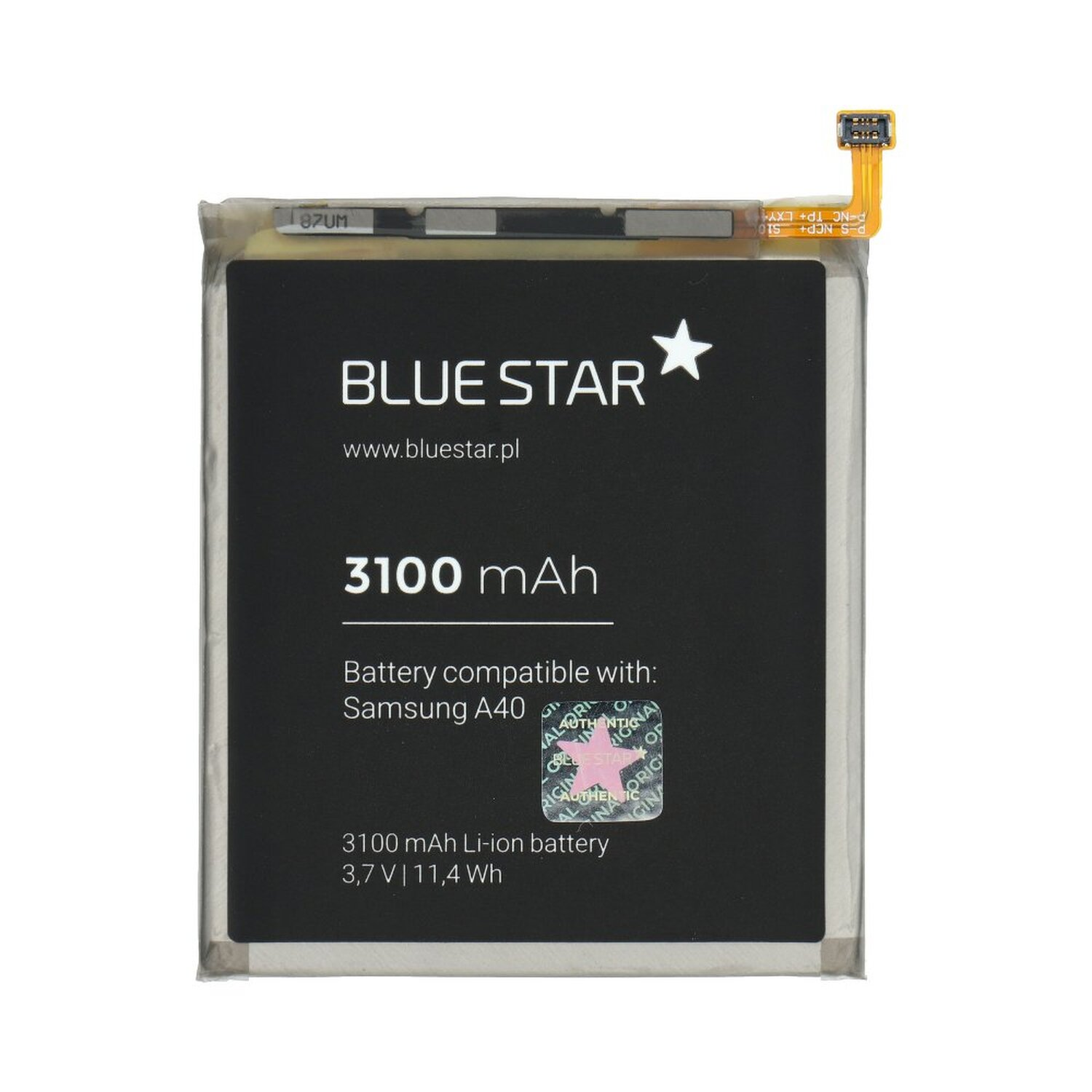 Schwarzer rechteckiger Telefonakku mit weißem Text: Blue Star, 3100 mAh, kompatibel mit Samsung A40.