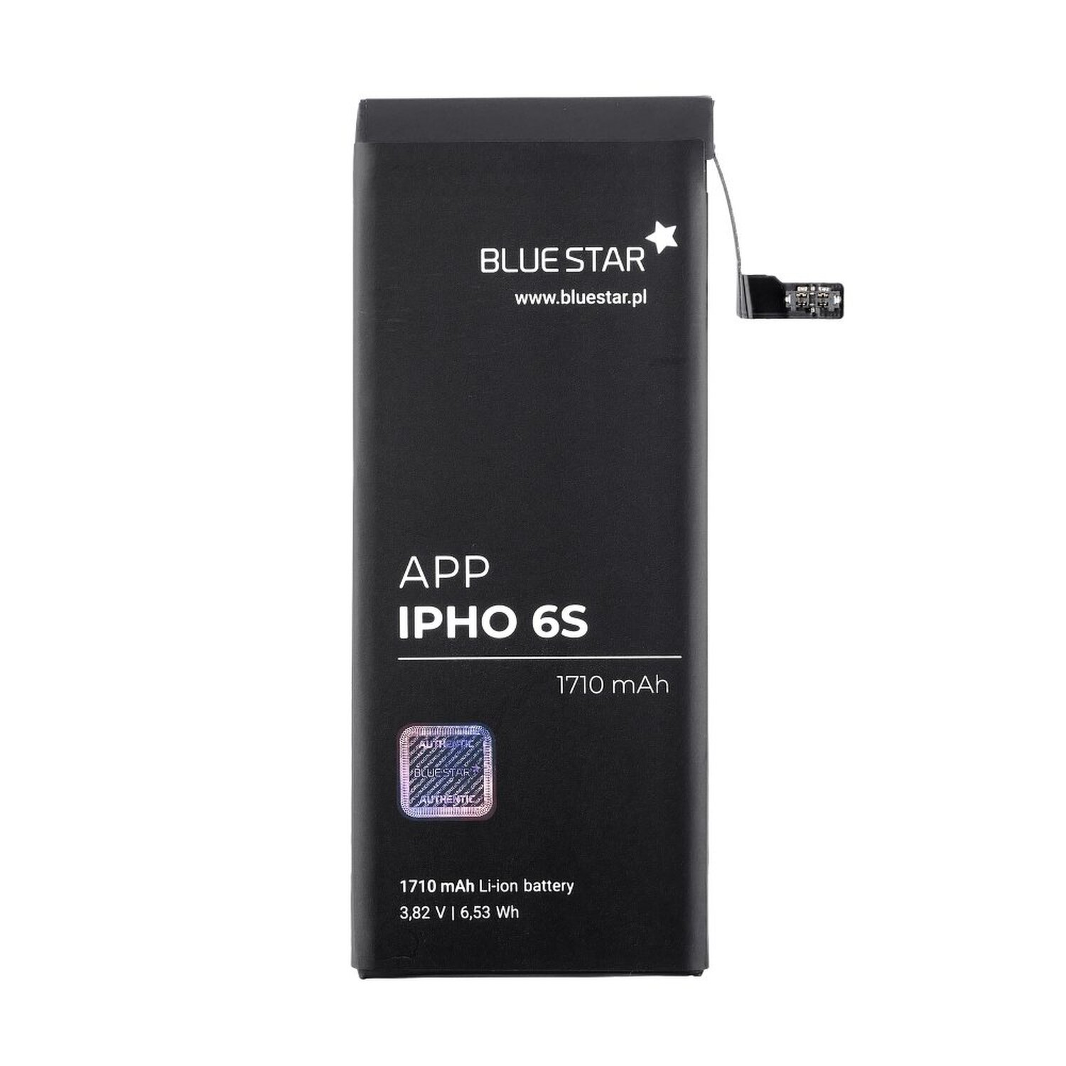 Eine schwarze Blue Star Batterie für ein iPhone 6S, mit Text und einem Aufkleber, und einem flexiblen Kabel.