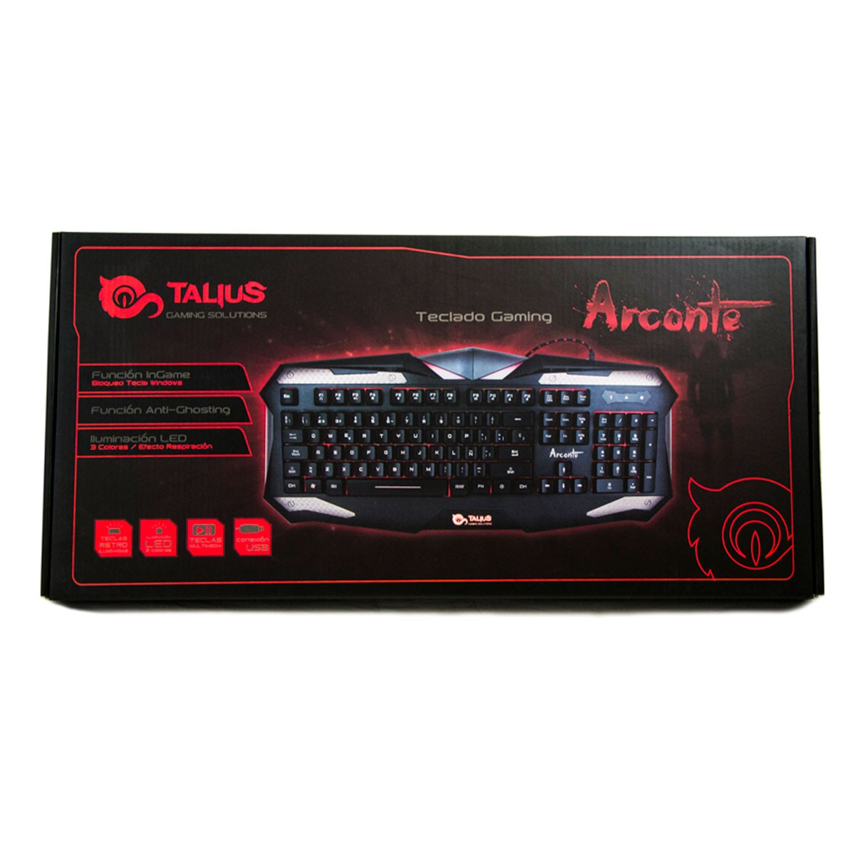 Czarna klawiatura w pudełku z czerwonymi akcentami. Pudełko na białej powierzchni.