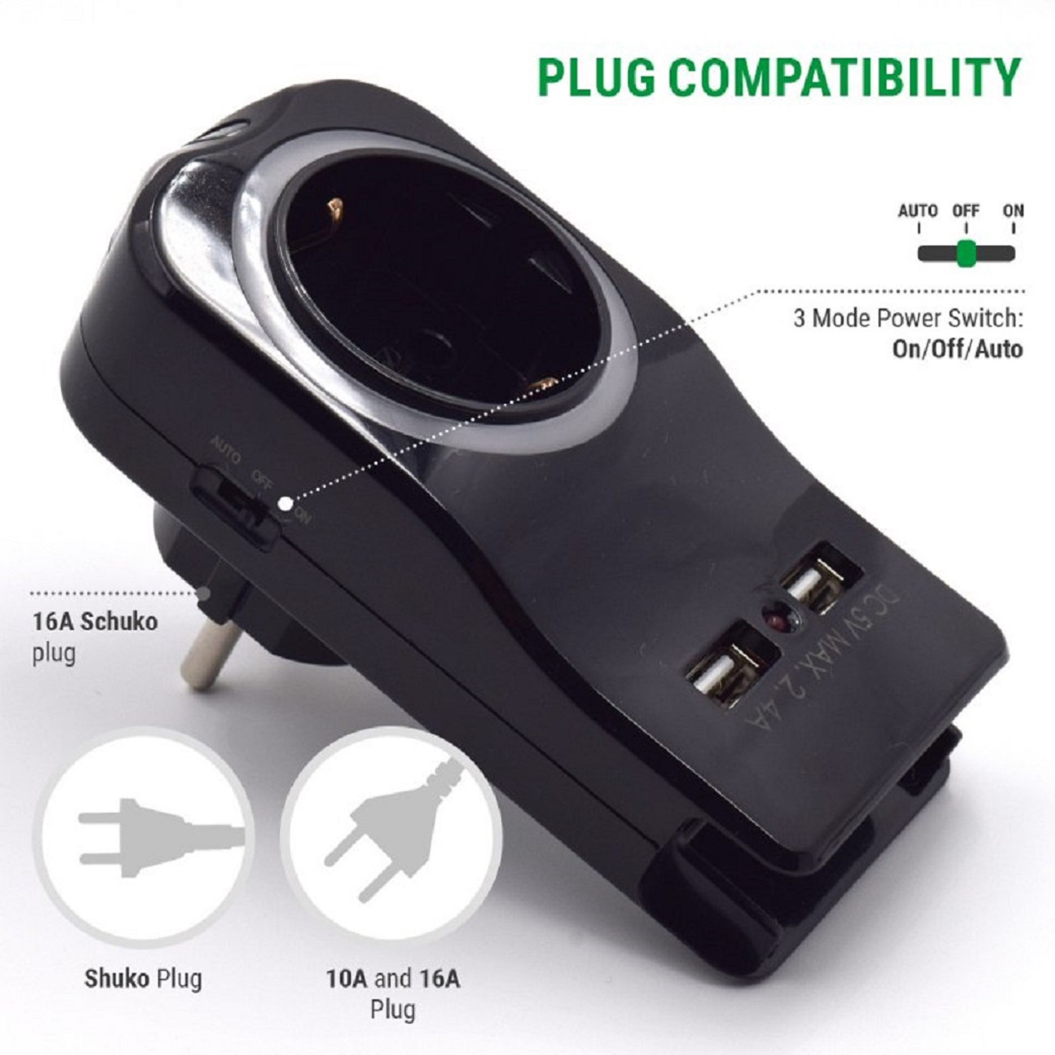 Adaptador de corriente negro con compatibilidad de enchufe, dos puertos USB y un interruptor, enchufes ilustrados.