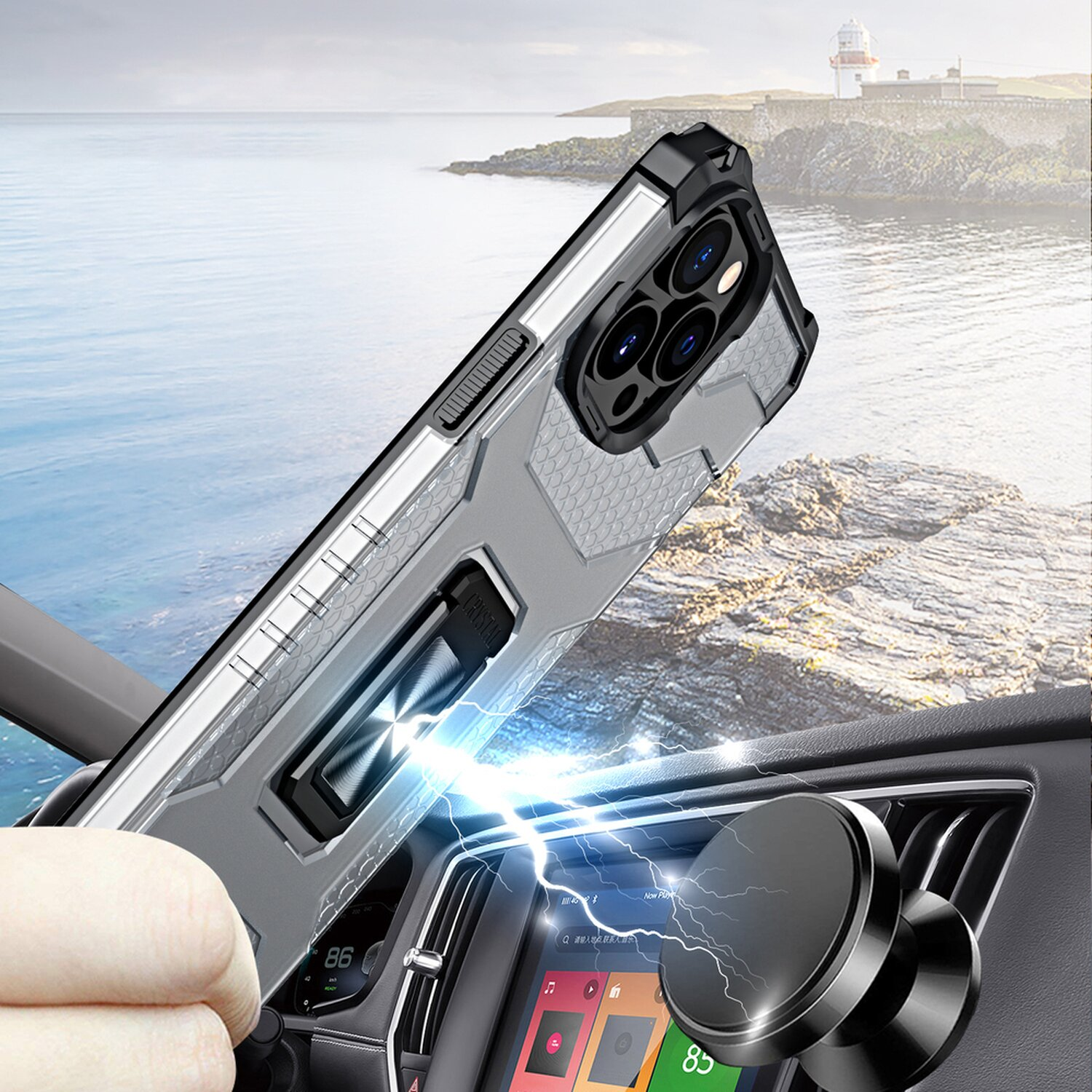 Telefon mit grauem Gehäuse im Auto, auf Magnetbefestigung. Hintergrund Meer und Land.