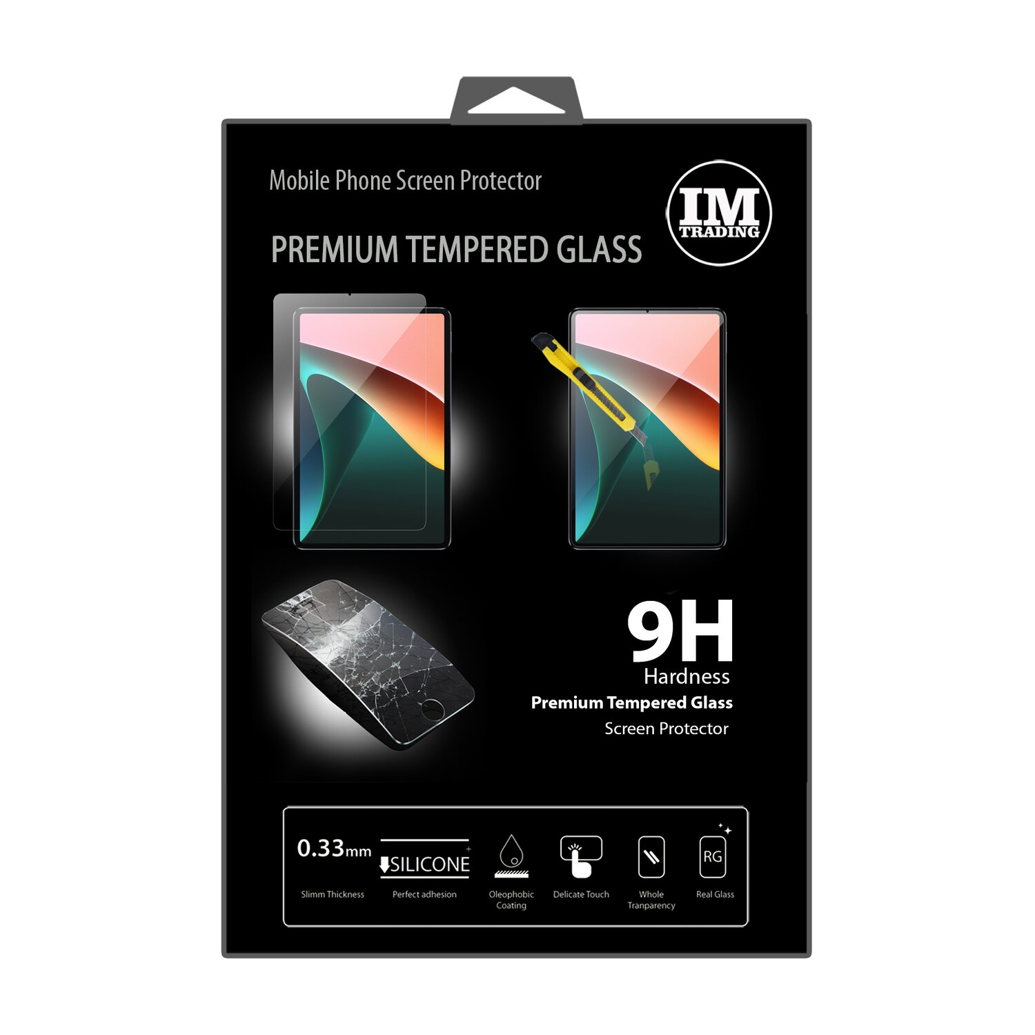 Displayschutzfolienverpackung mit zerbrochenem Bildschirm und Telefon.
