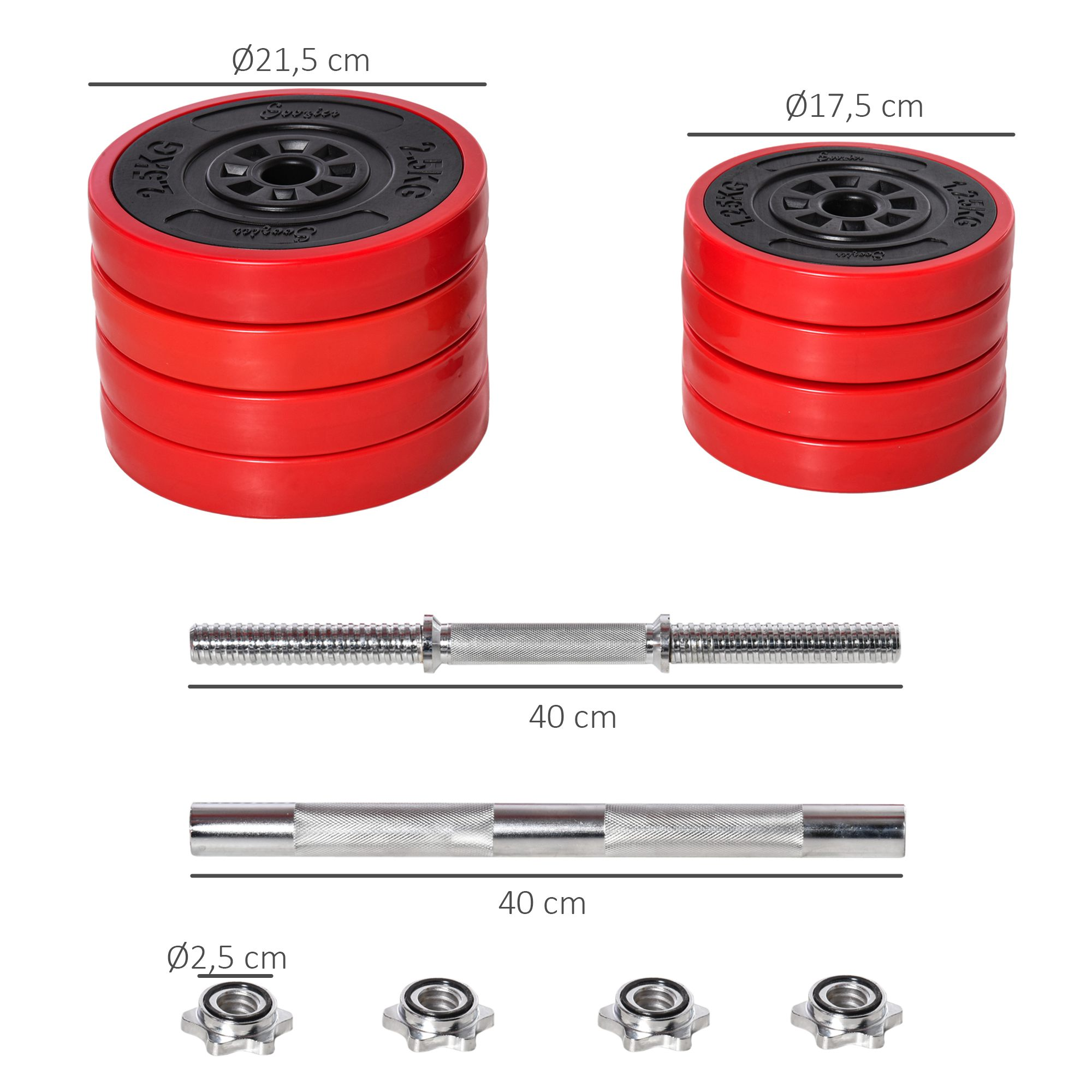 Juego de mancuernas con discos rojos, dos barras y un juego de cierres.