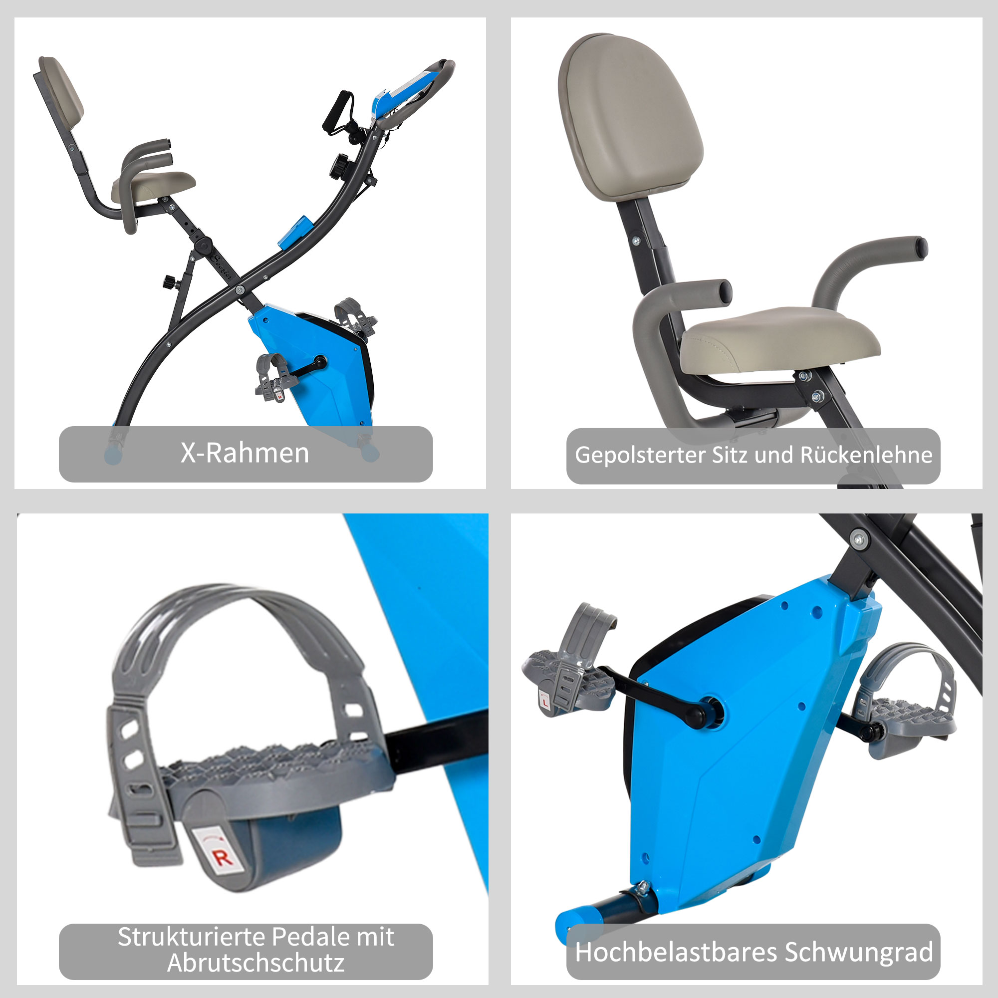 Klappbares Heimtrainer mit X-Rahmen, gepolstertem Sitz, Pedalen und Schwungrad.