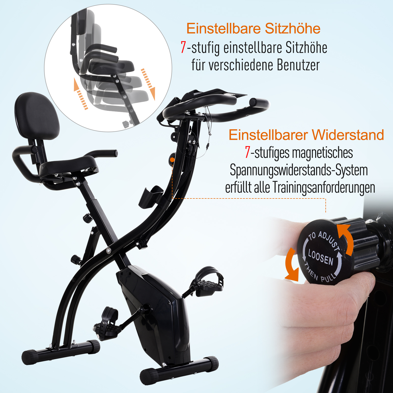 Schwarzes stationäres Trainingsrad. Es hat eine verstellbare Sitzhöhe und Widerstandskontrollen.
