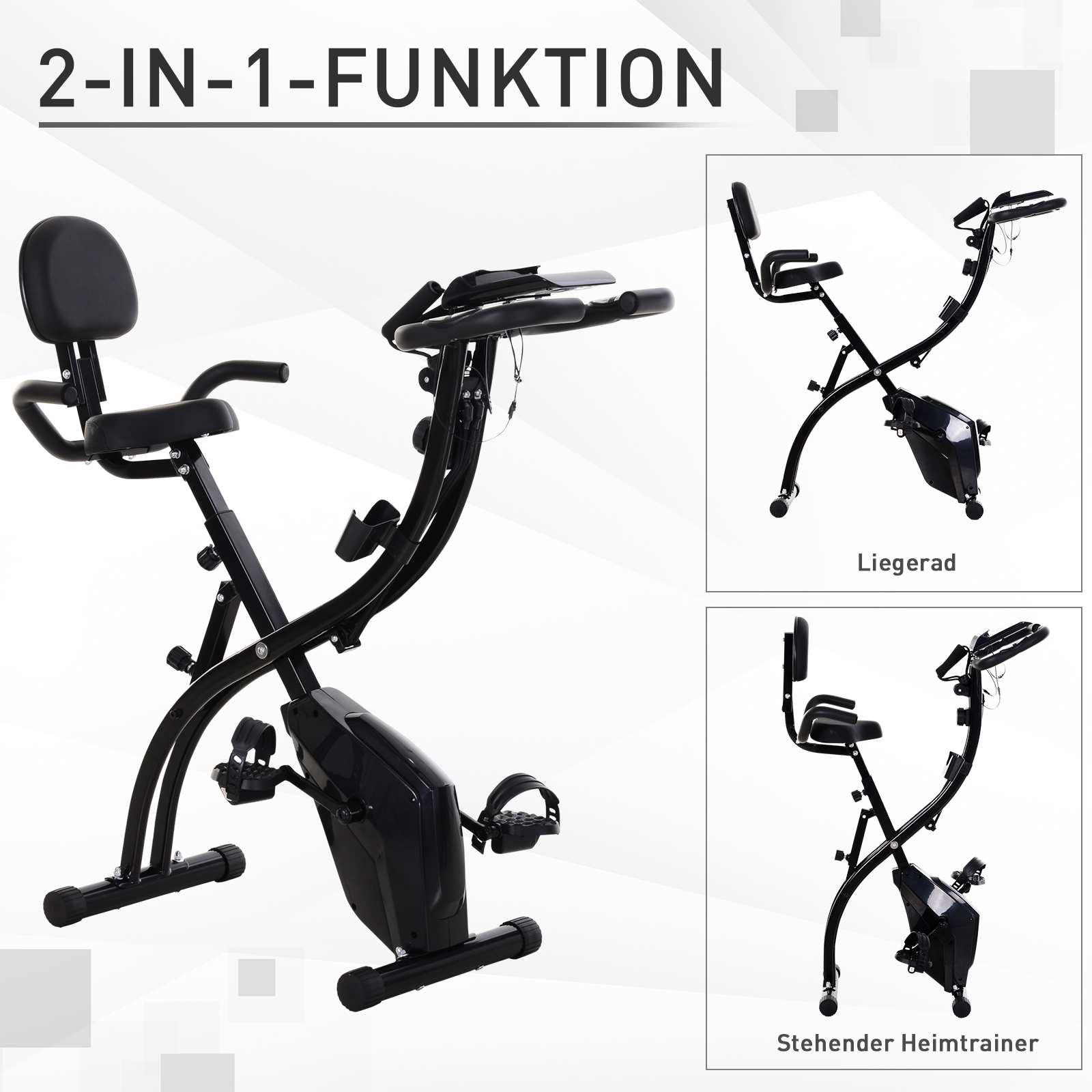 Ein schwarzes 2-in-1-Heimtrainingsrad, das als Liege- oder Stehfahrrad konfiguriert werden kann.