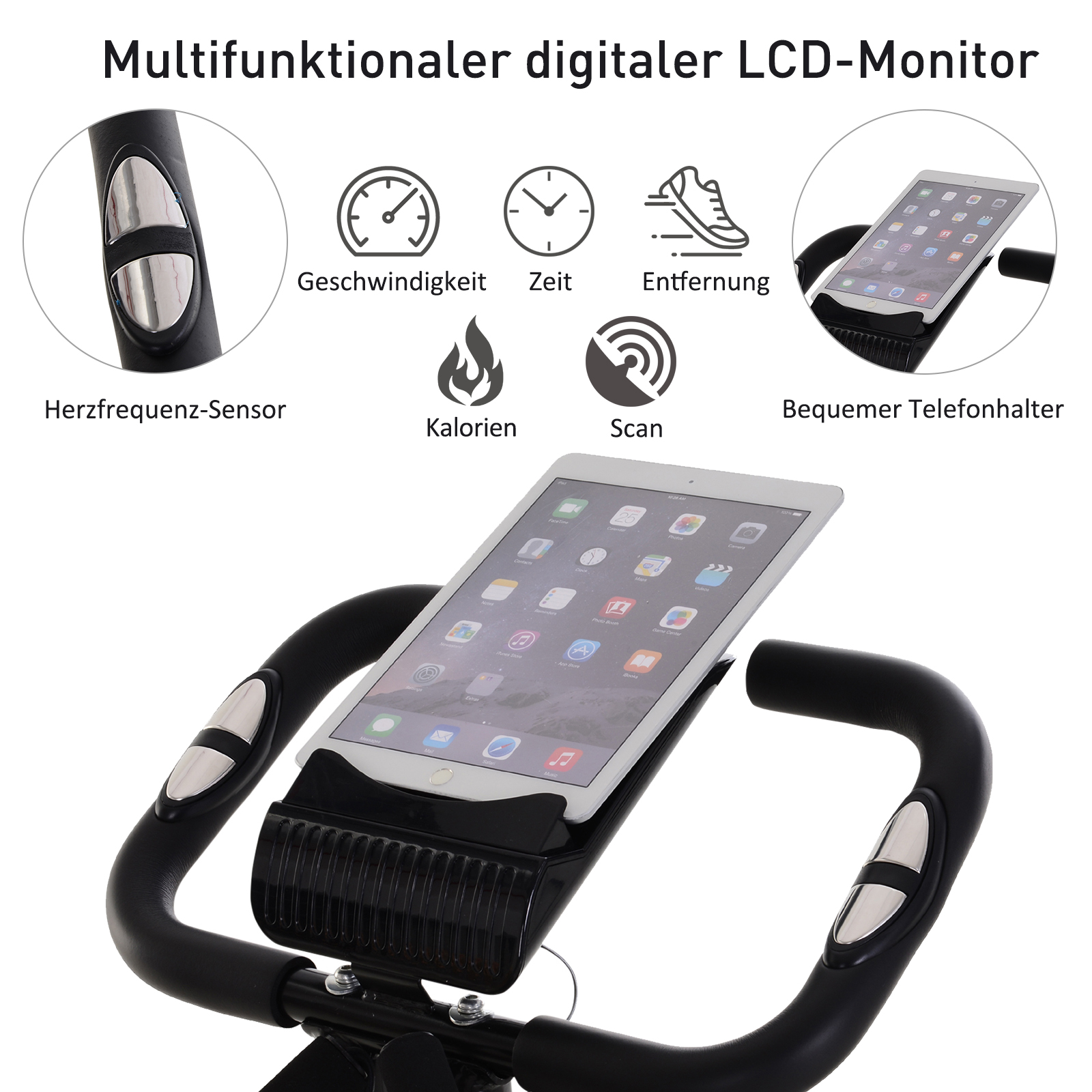 Ergometer mit Tablet-Halter, Herzfrequenz-, Geschwindigkeits-, Zeit-, Entfernungs- & Kalorienanzeige.