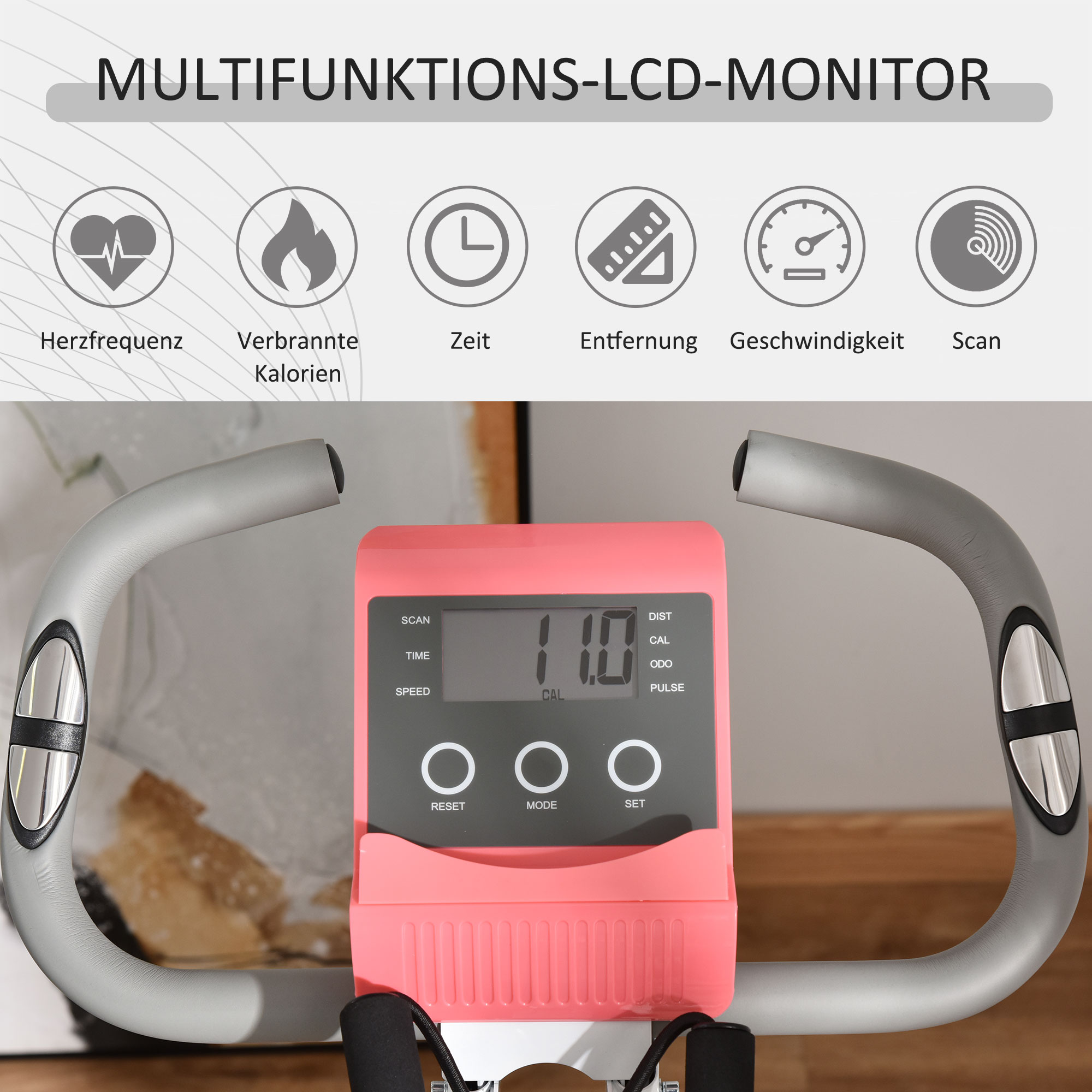 Ein pinker LCD-Monitor mit Symbolen für Herzfrequenz, Kalorien, Zeit, Distanz, Geschwindigkeit.