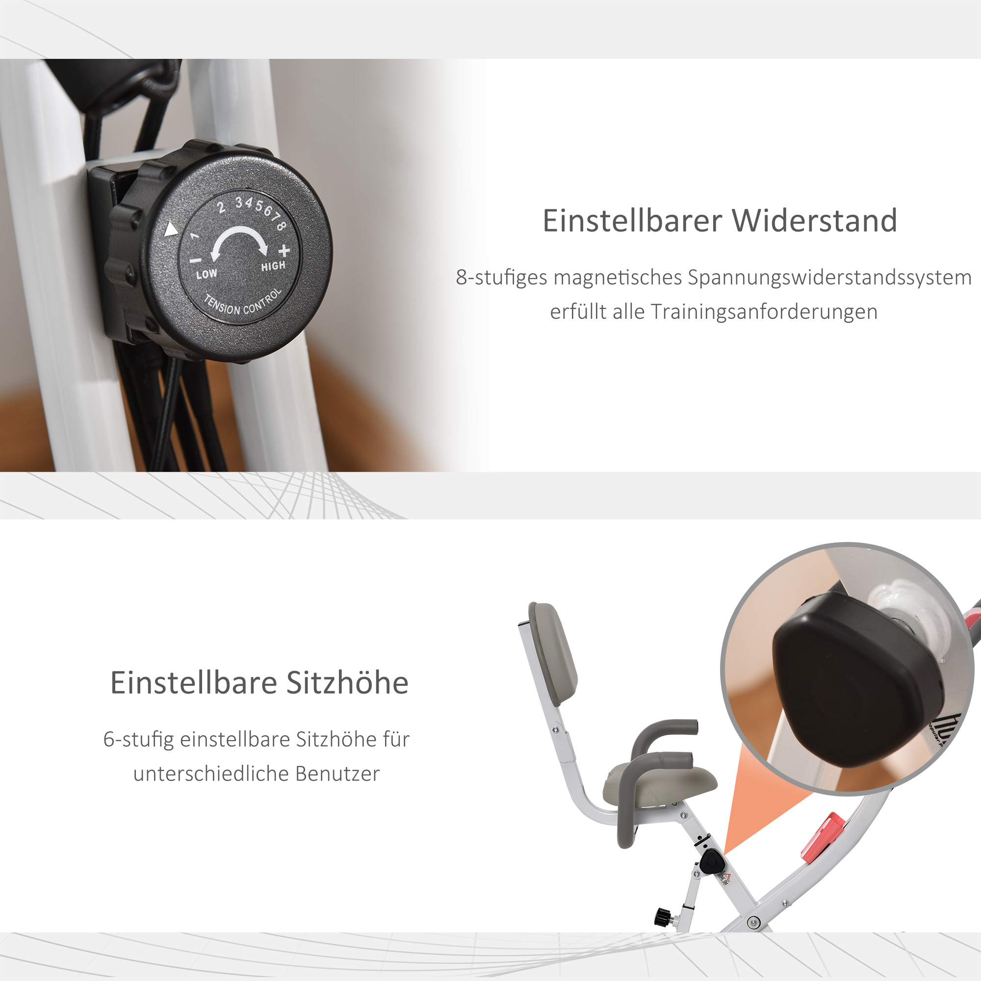 Einstellbarer Widerstand und Sitzhöhe eines Trainingsgeräts.