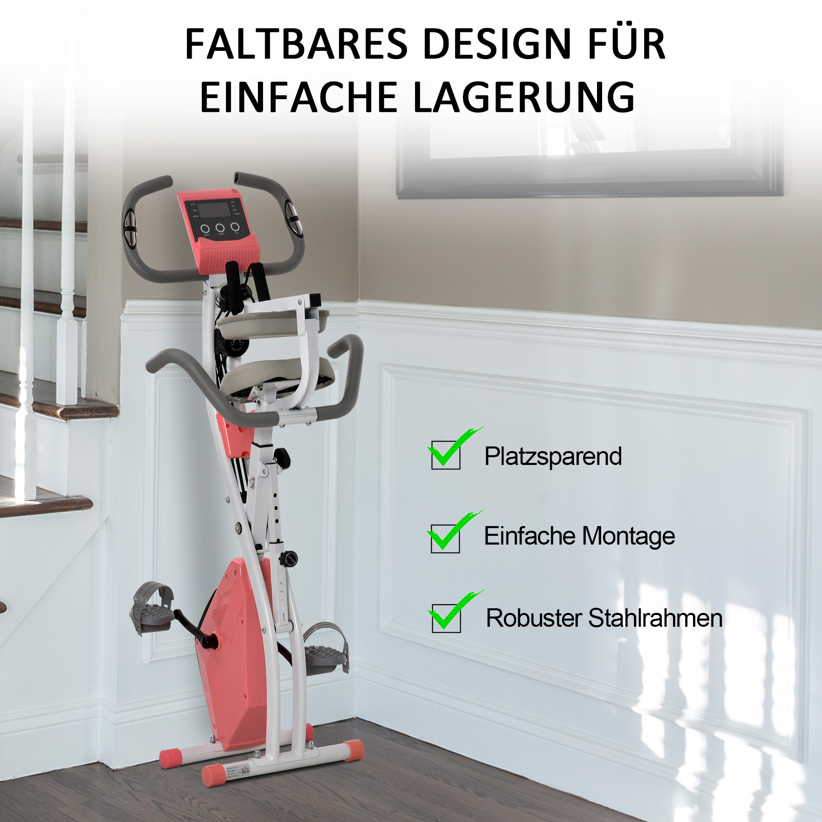 Ein faltbares Heimtrainer in Koralle und Weiß steht auf einem Holzboden.