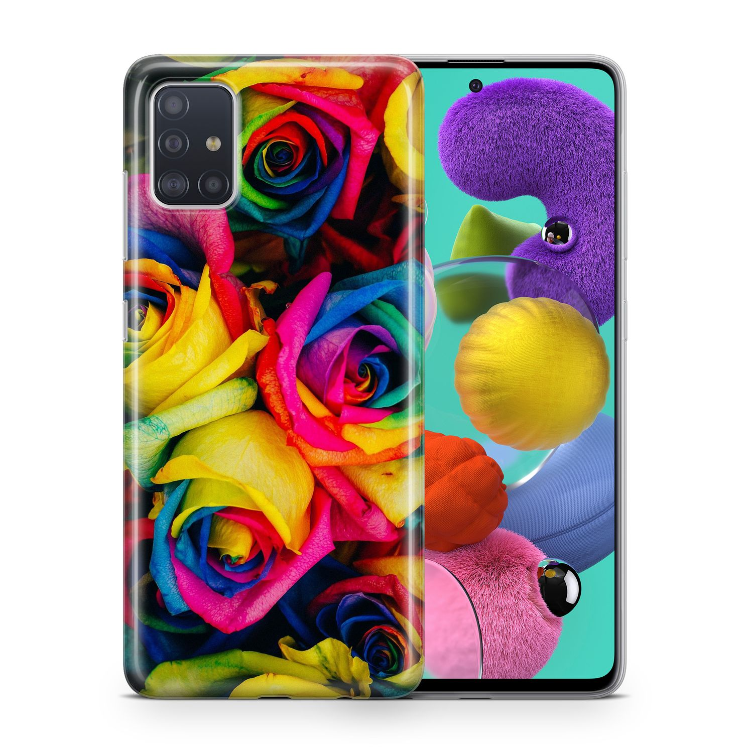 Regenbogenfarbene Rosen. Gelbe, rosa und blaue Blütenblätter.