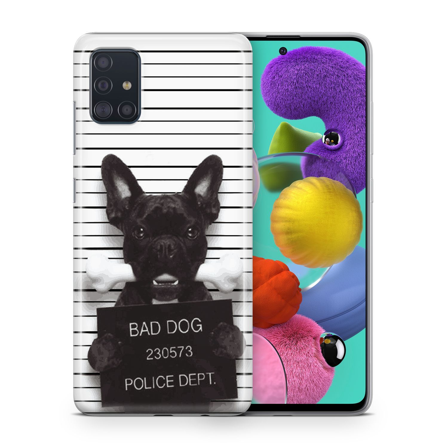 Handyhülle mit einem schwarzen Hund, der ein Schild hält.