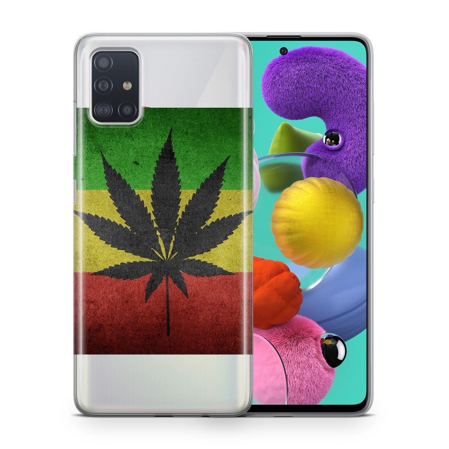 Rasta-Flagge-Handyhülle. Telefon rechts mit bunten Objekten.