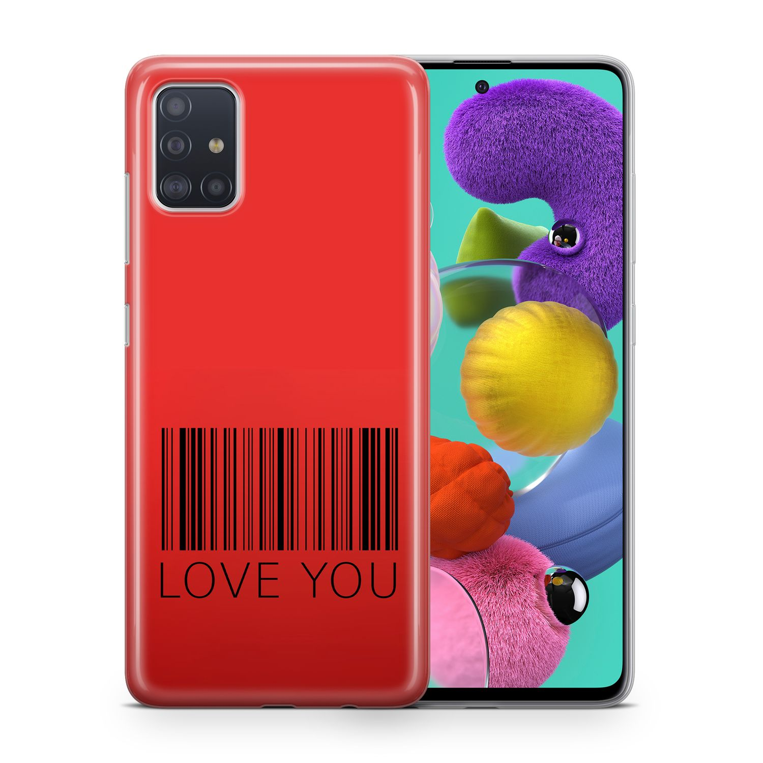 Roter Hintergrund mit schwarzem Barcode und Text 'LOVE YOU'.