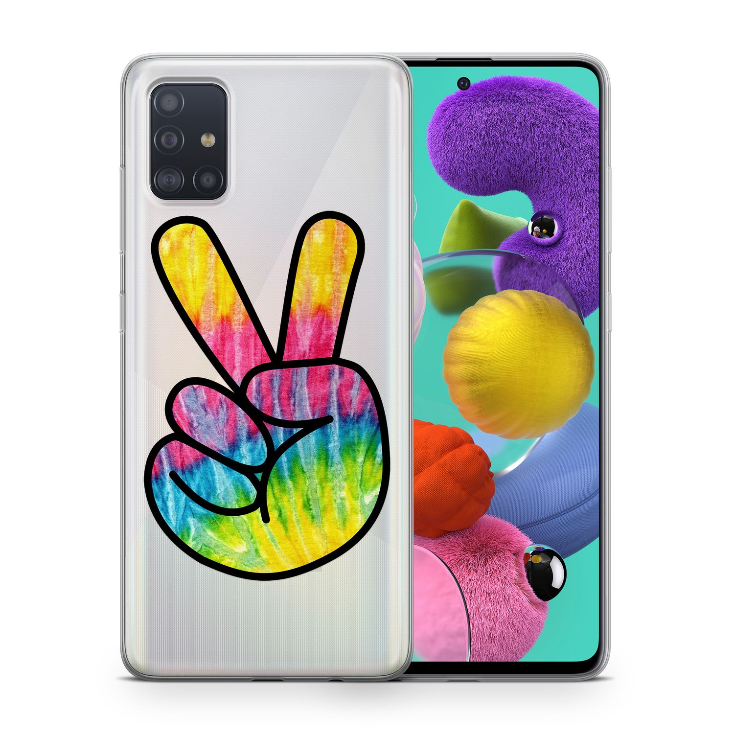 Handyhülle mit einem Peace-Zeichen in Regenbogenfarben.
