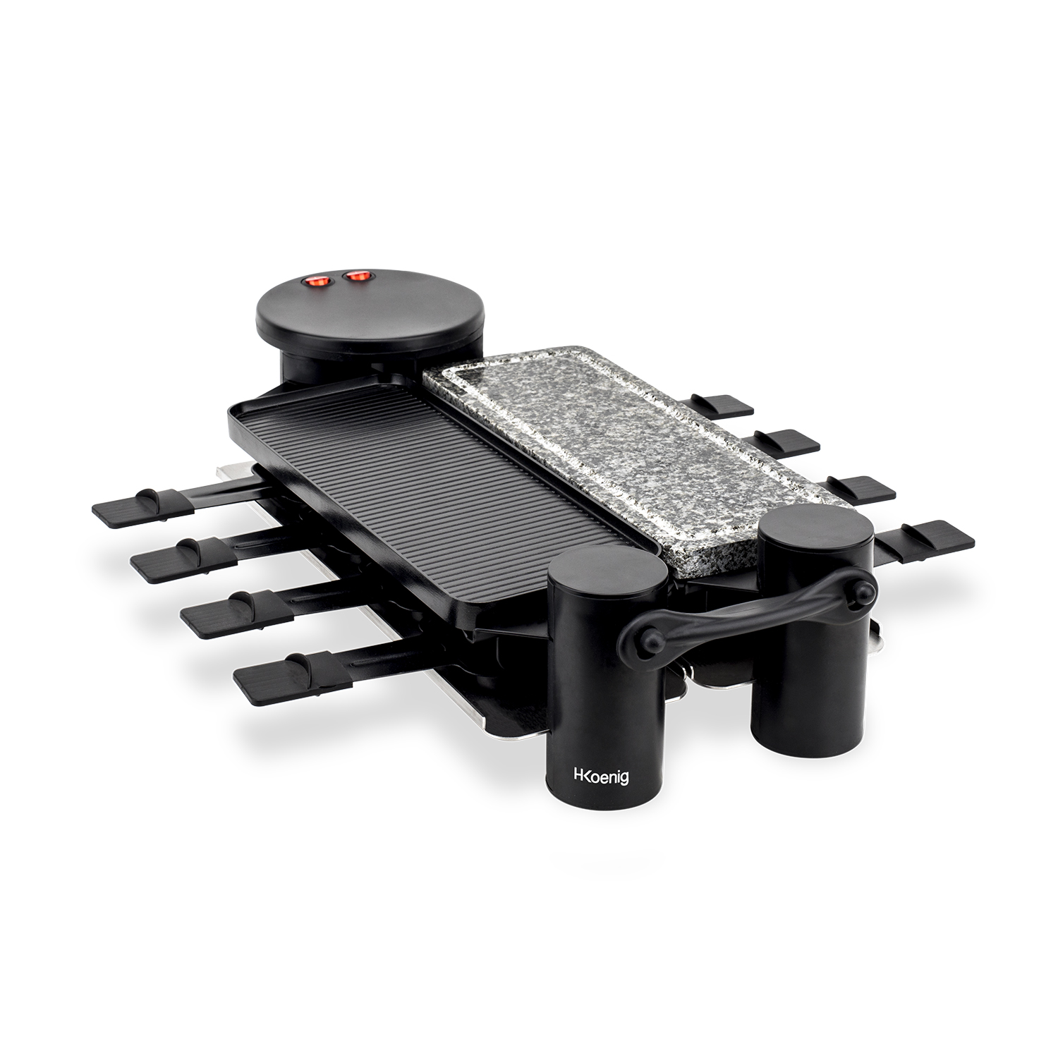 Czarny grill do raclette z granitową powierzchnią, płytą grillową i uchwytami, na białym tle.