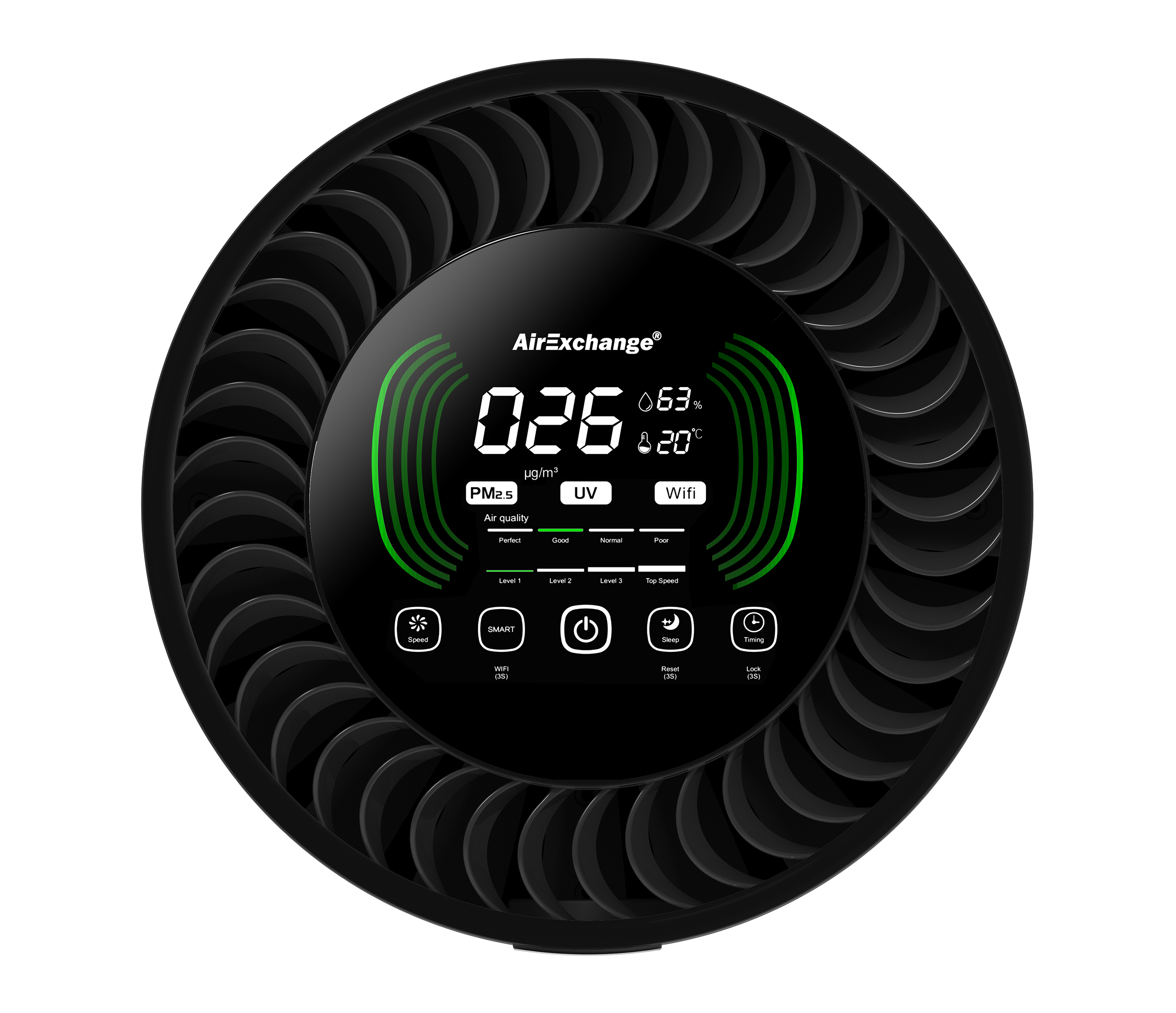 Schwarzer Luftreiniger mit Digitalanzeige. Zeigt Luftqualität, Temperatur und WLAN-Status an.