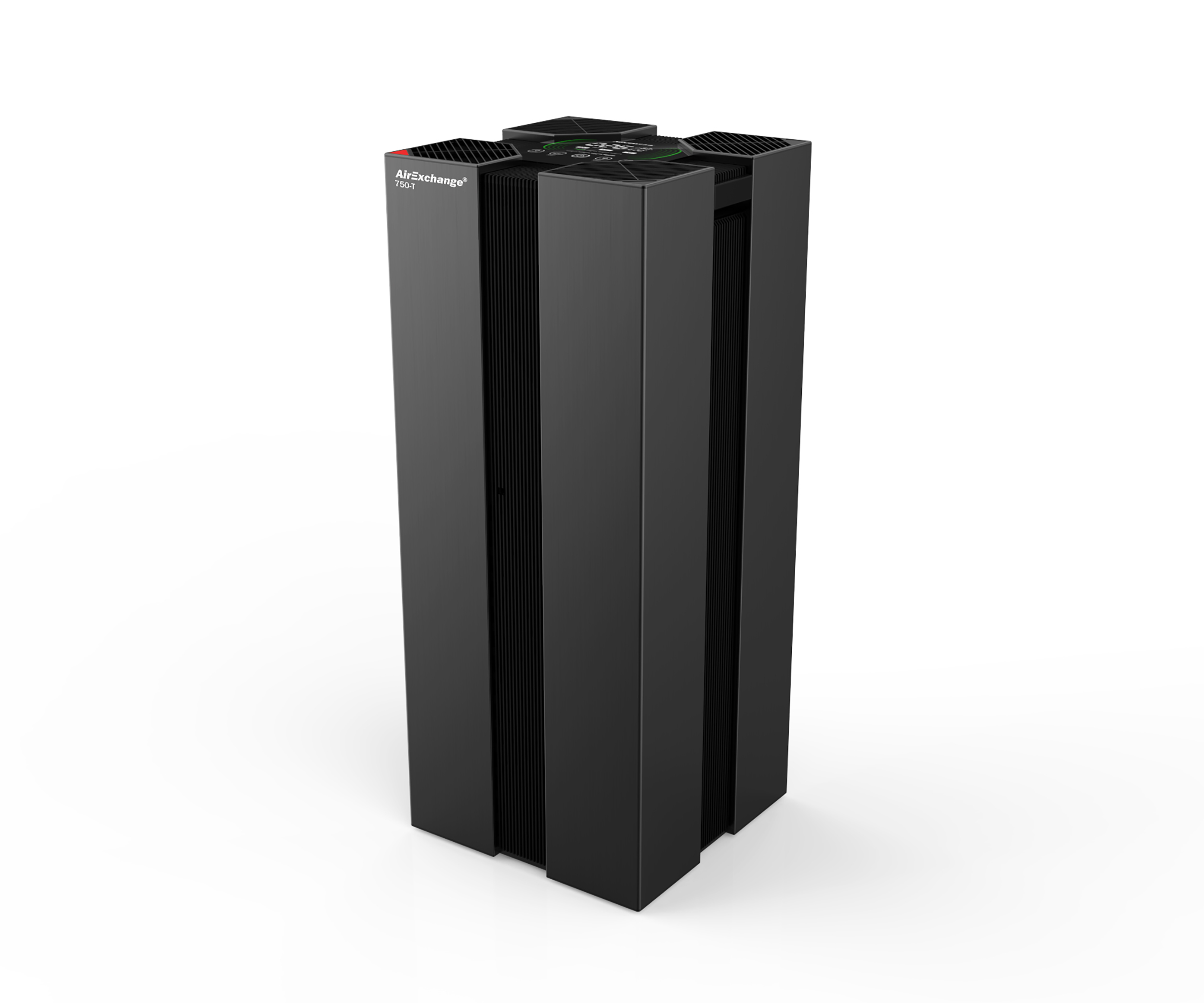 Ein schwarzer Luftreiniger mit modernem Design, der auf einer weißen Oberfläche steht.