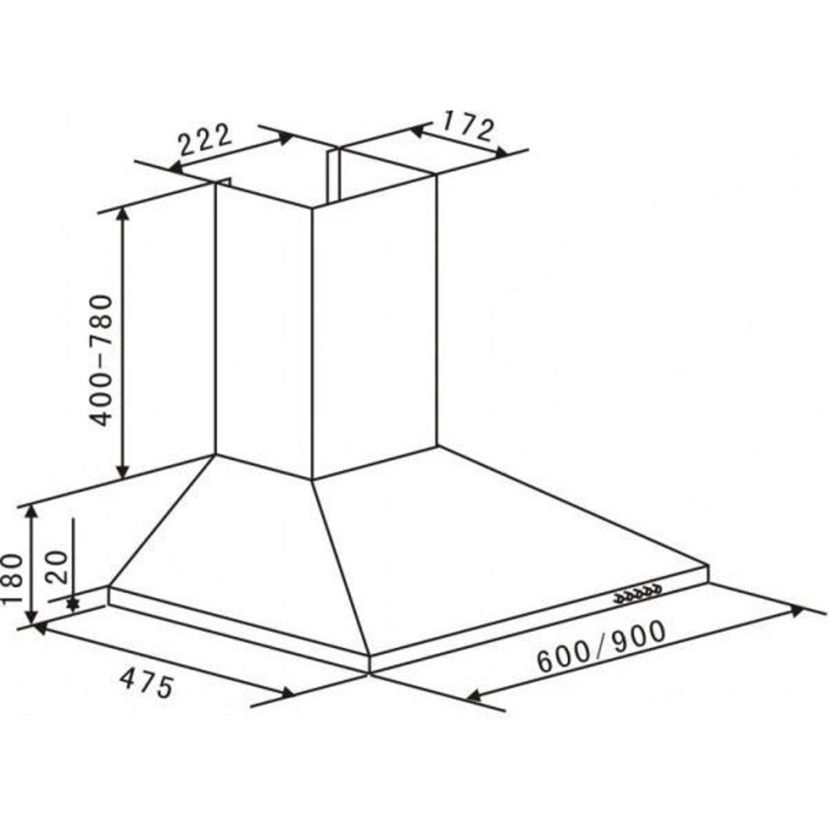 Diagramm einer Dunstabzugshaube mit Abmessungen in Millimetern.
