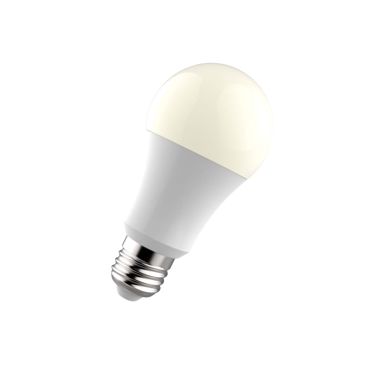 Bombilla LED blanca y beige, aislada sobre un fondo blanco.