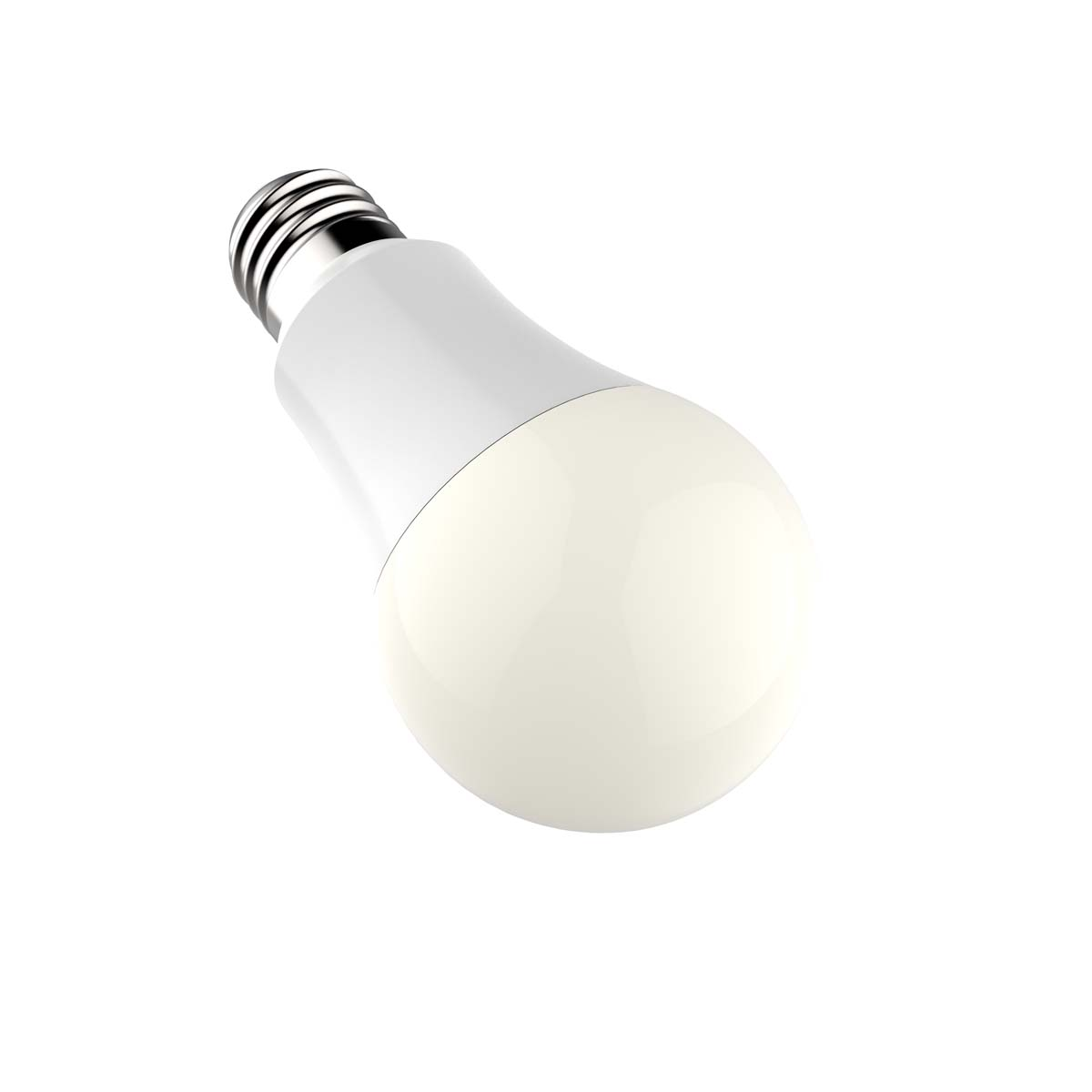 Una bombilla LED blanca y amarillo claro sobre un fondo blanco.
