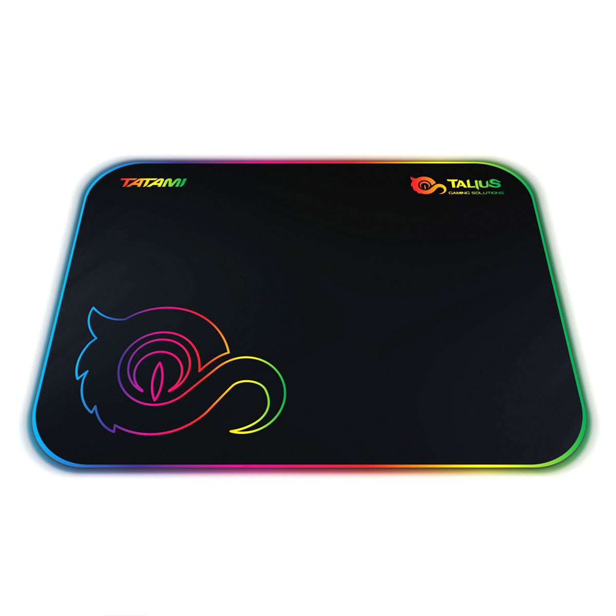 Czarna podkładka pod mysz z kolorową obwódką i logo pośrodku.