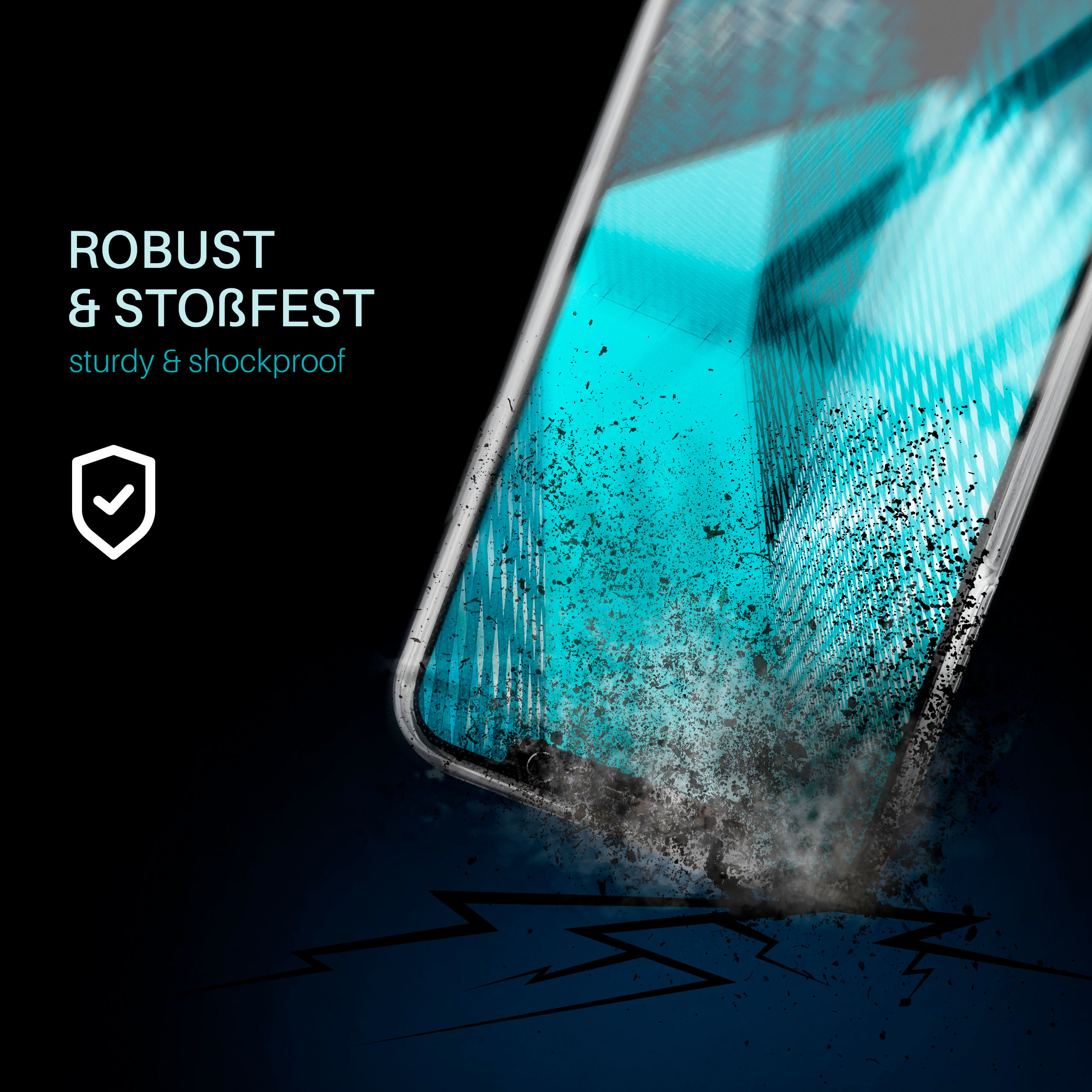 Telefonhülle mit Text 'ROBUST & STOBFEST' und einem Schildsymbol, mit einem Risseffekt.