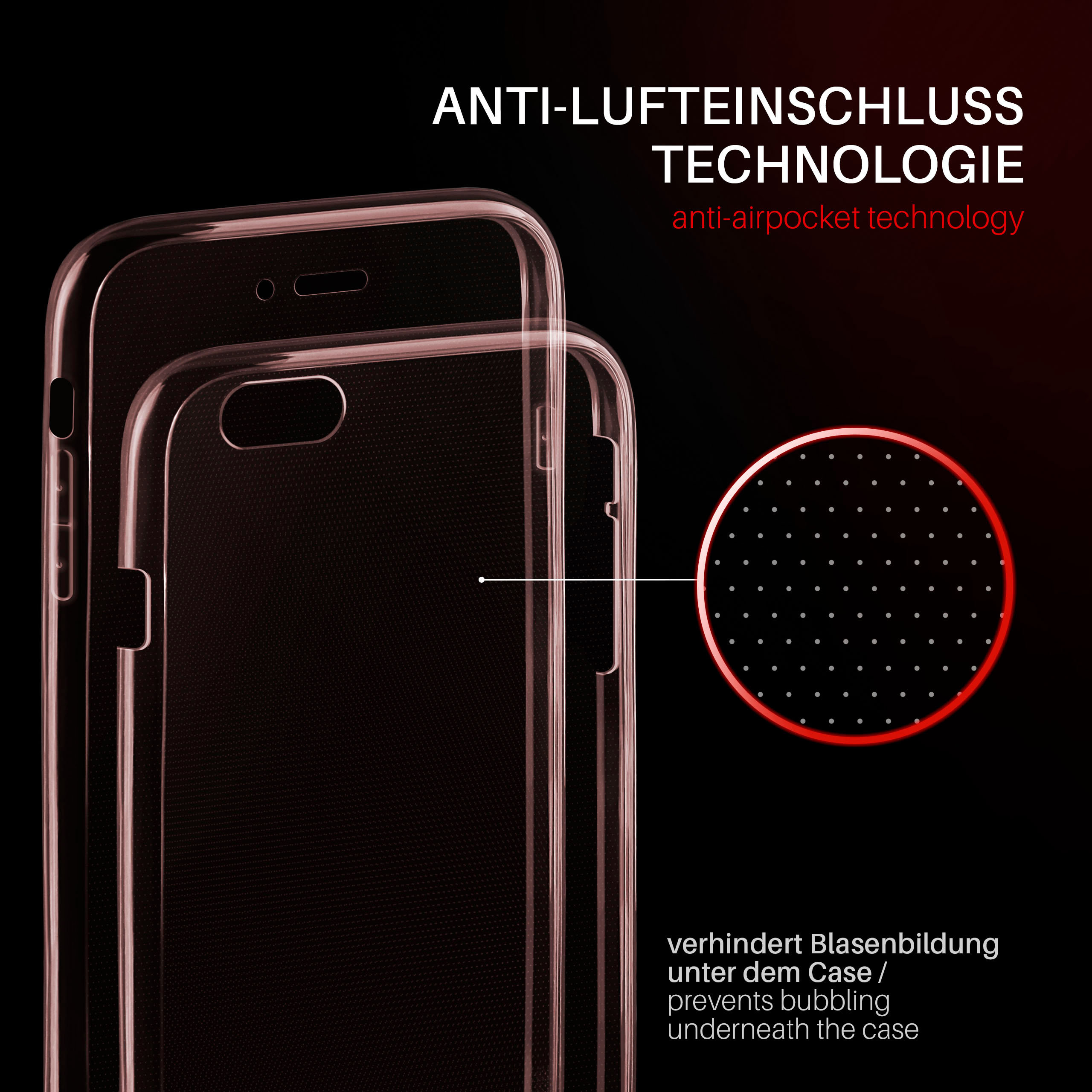 Transparente Handyhülle, die Anti-Lufttaschen-Technologie zeigt. Text auf Deutsch und Englisch.