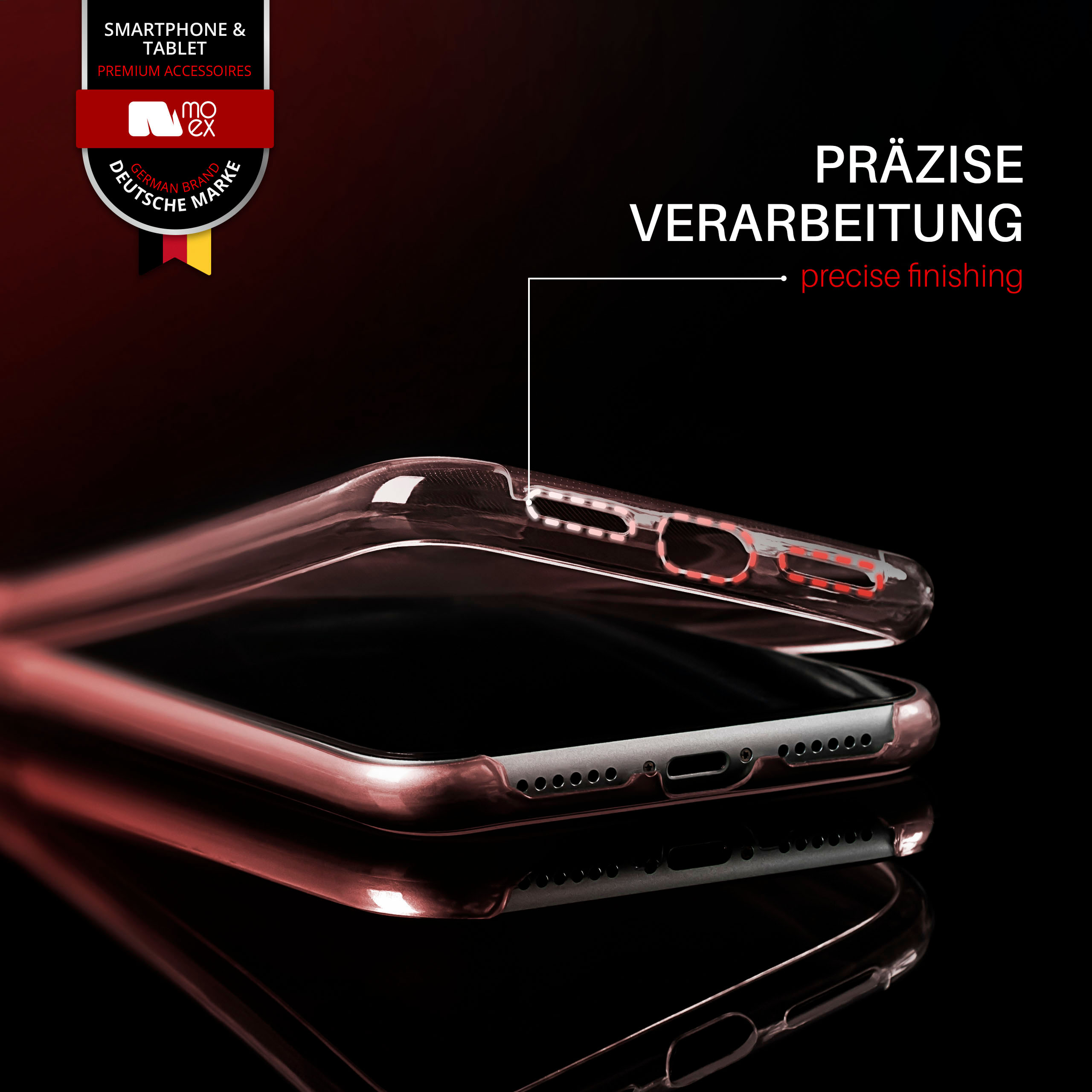 Zwei Handyhüllen, eine transparente, mit dem Text „Präzise Verarbeitung“.
