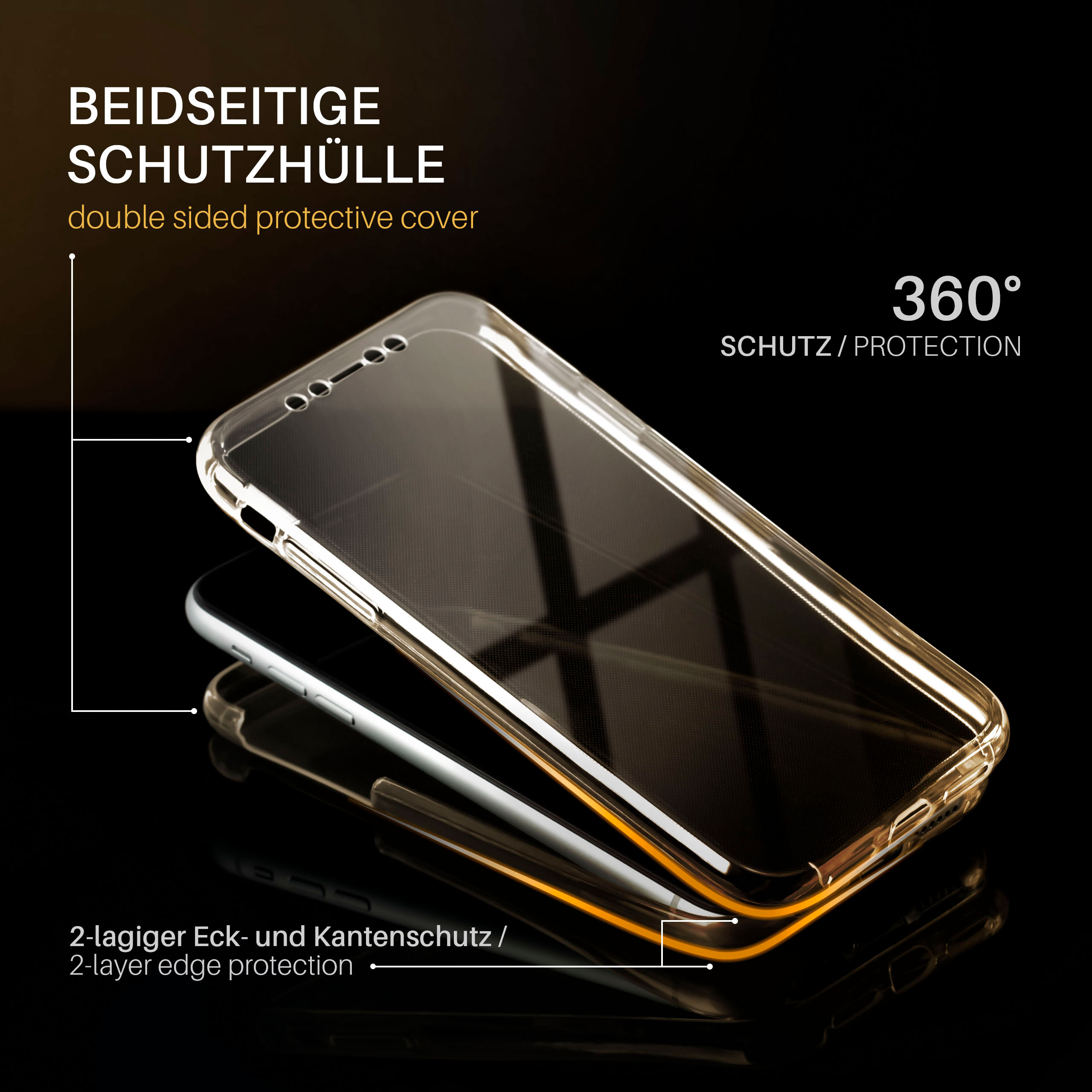 Transparente Handyhülle auf schwarzer Oberfläche. Die Hülle hat einen gelben Rand. Der Hintergrund ist schwarz.