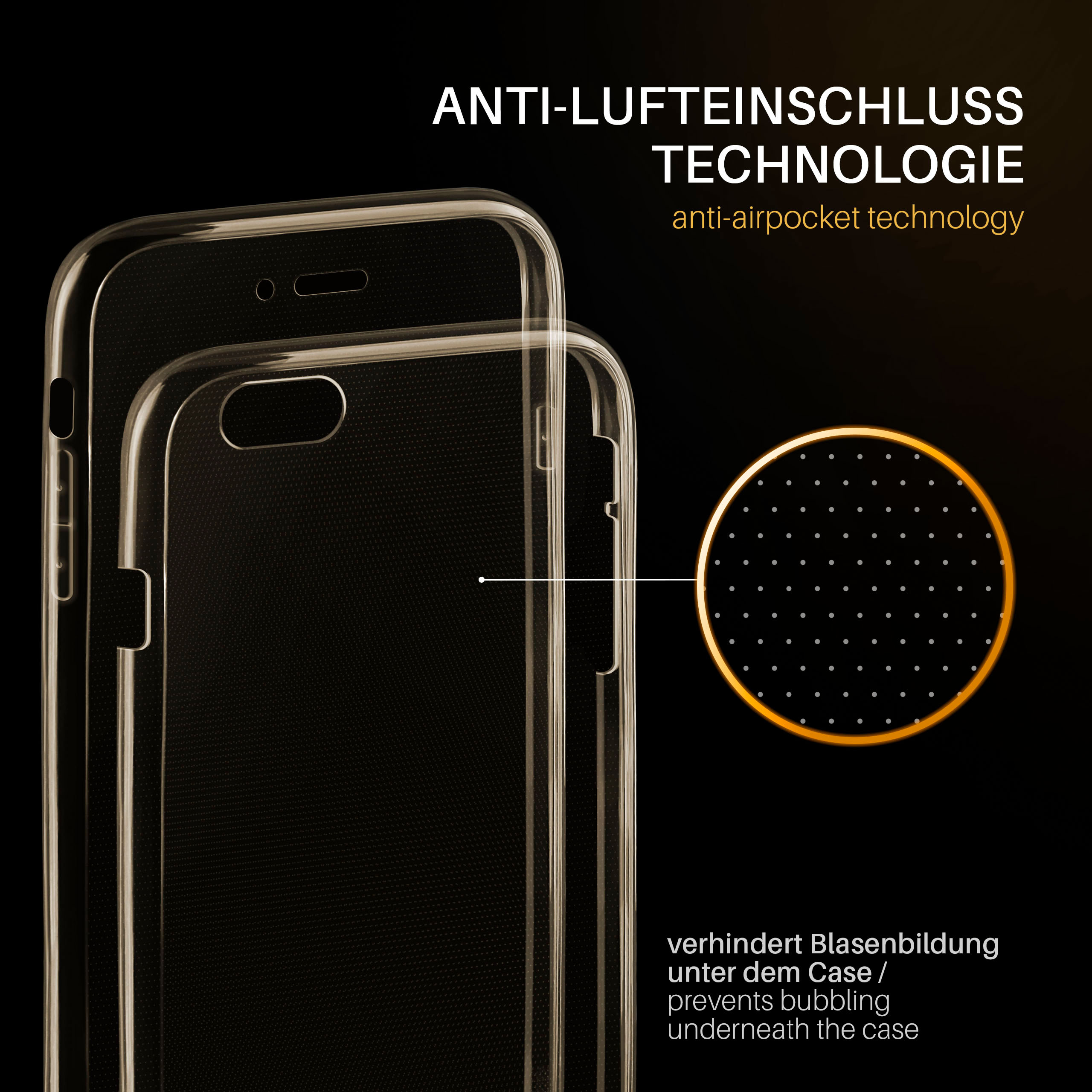 Transparente Handyhülle auf schwarzem Hintergrund. Die Hülle ist transparent und hat ein gepunktetes Muster.