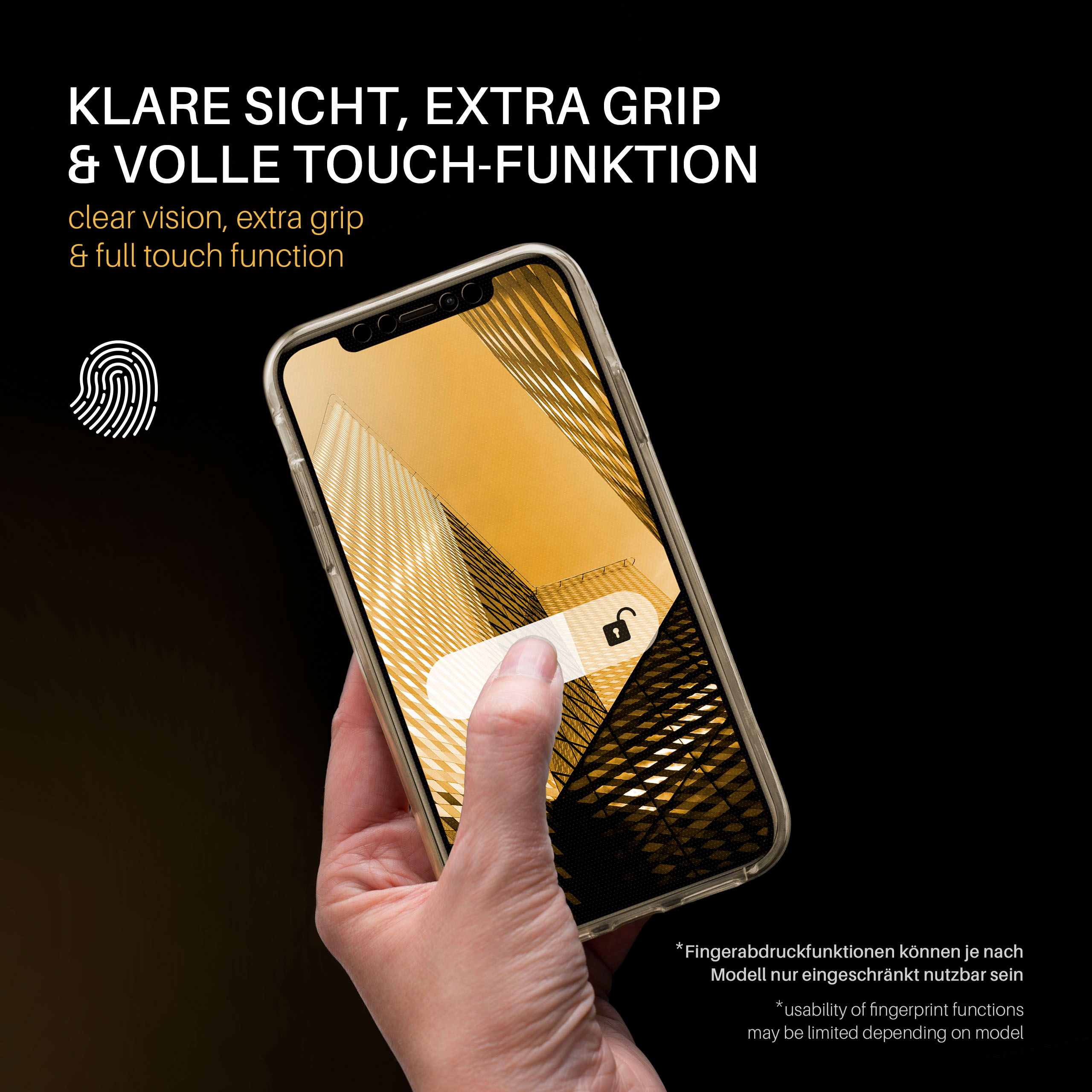 Hand hält Telefon mit klarer Hülle, zeigt Schloss-Symbol. Gelber Hintergrund.