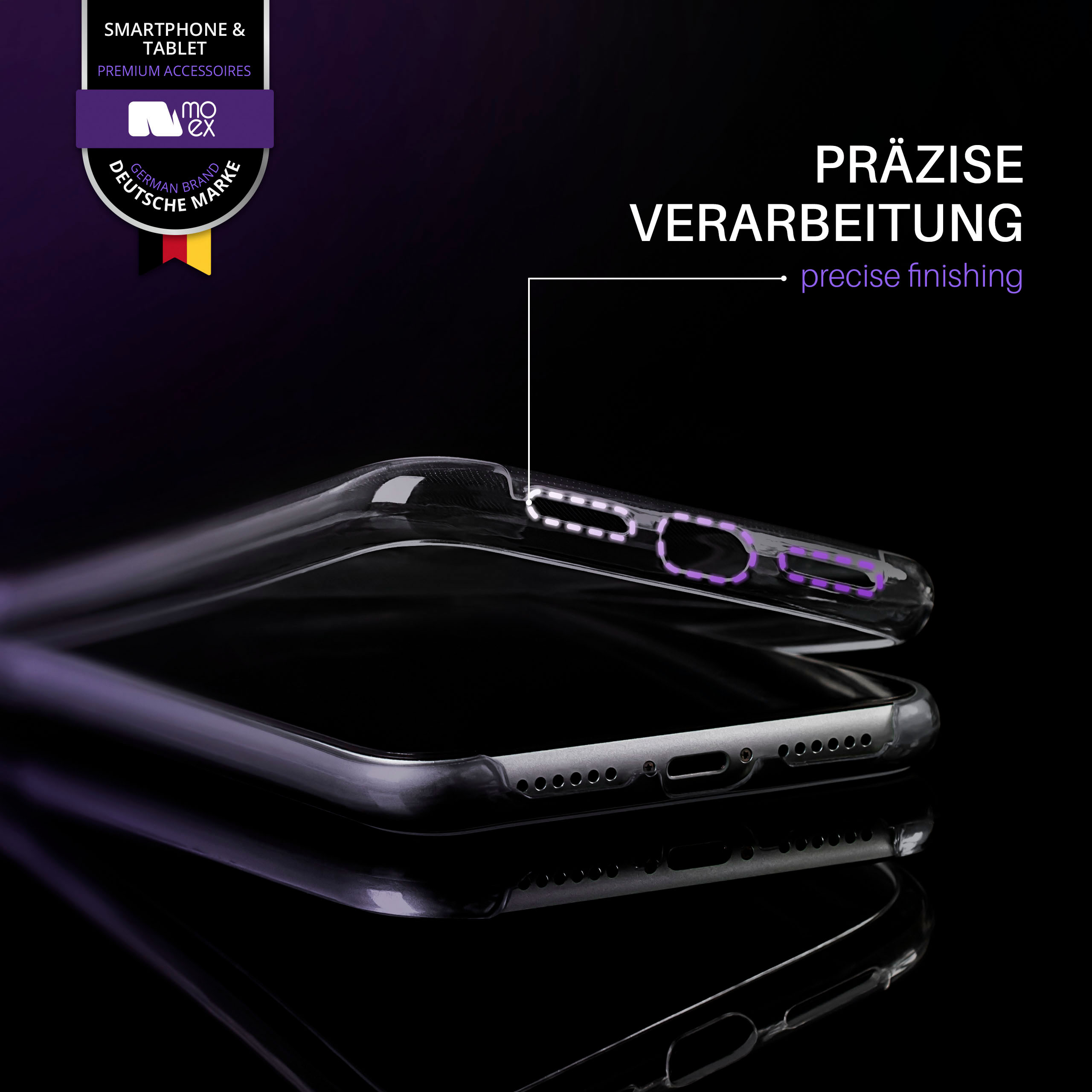 Transparente Handyhülle mit dem Text PRAZISE VERARBEITUNG. Schwarzer Hintergrund.