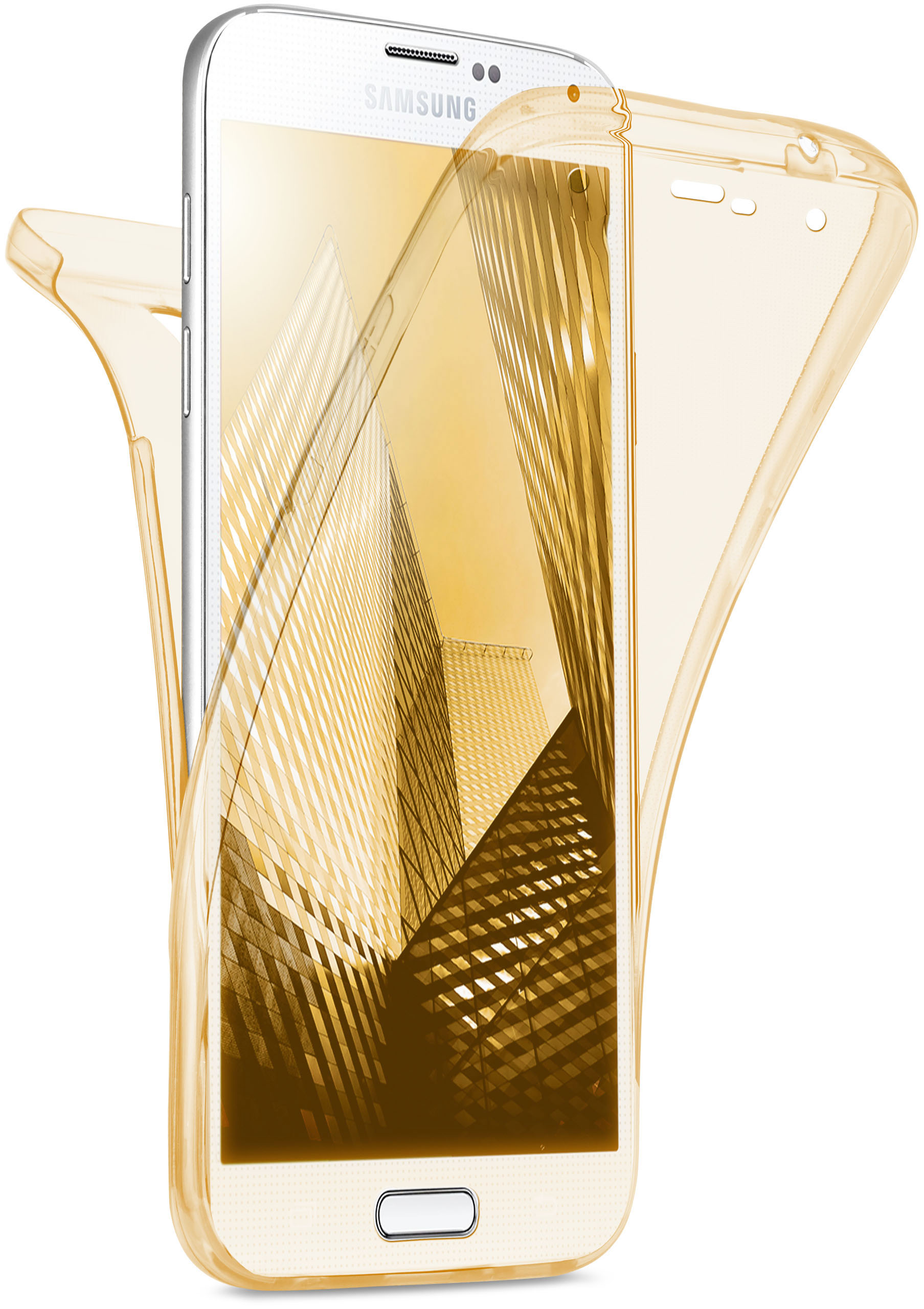 Telefon in einer transparenten, gelben Hülle. Der Hintergrund ist ein modernes Gebäude.