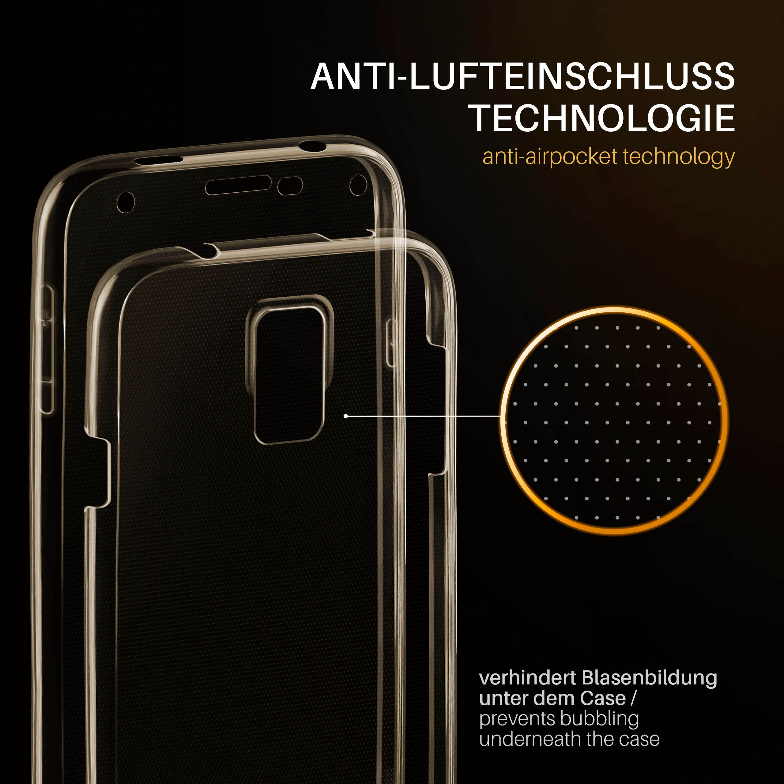 Transparente Handyhülle mit Anti-Lufteinschluss-Technologie auf schwarzem Hintergrund.