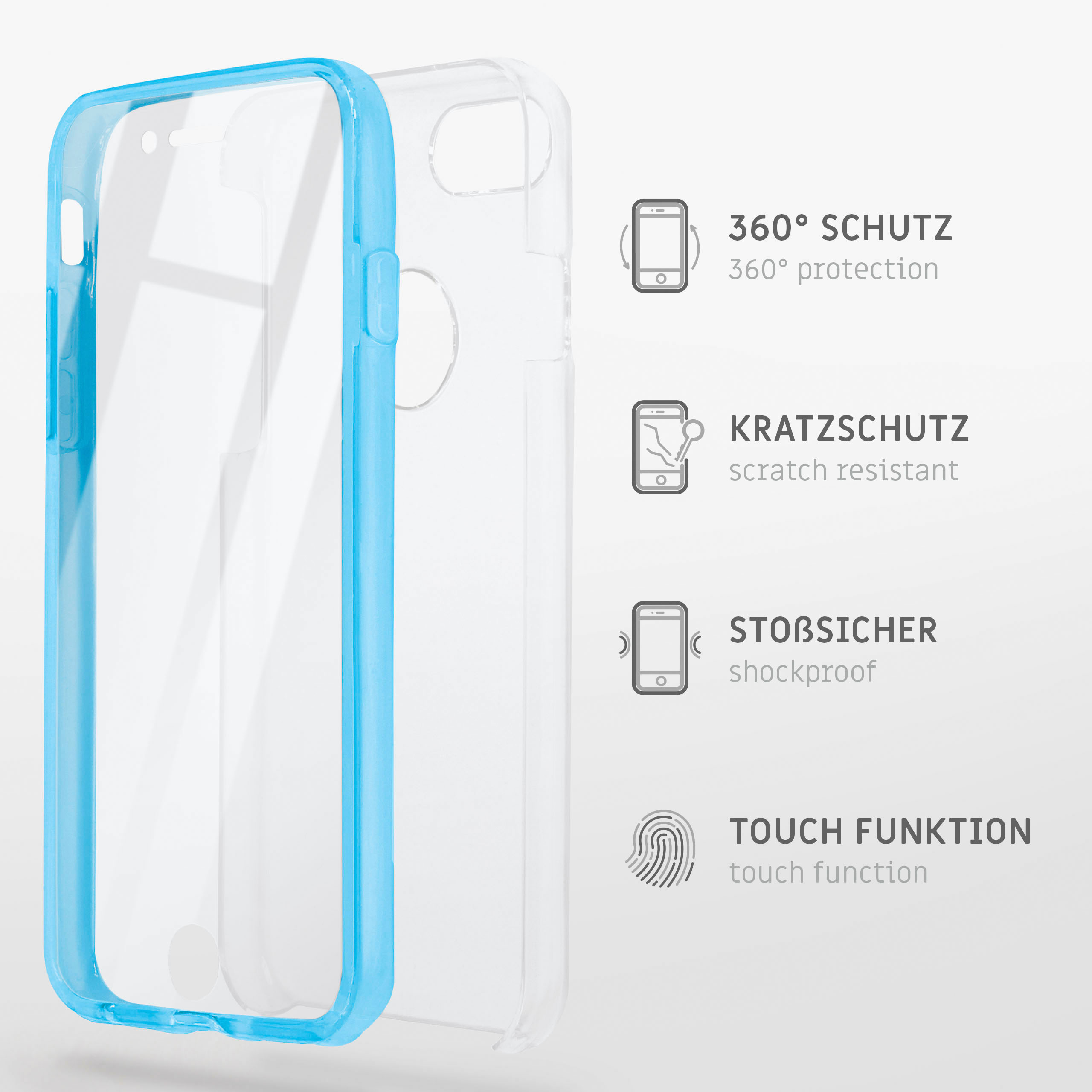 Transparente Handyhülle mit blauem Rahmen. Text und Symbole heben die Schutzfunktionen der Hülle hervor.
