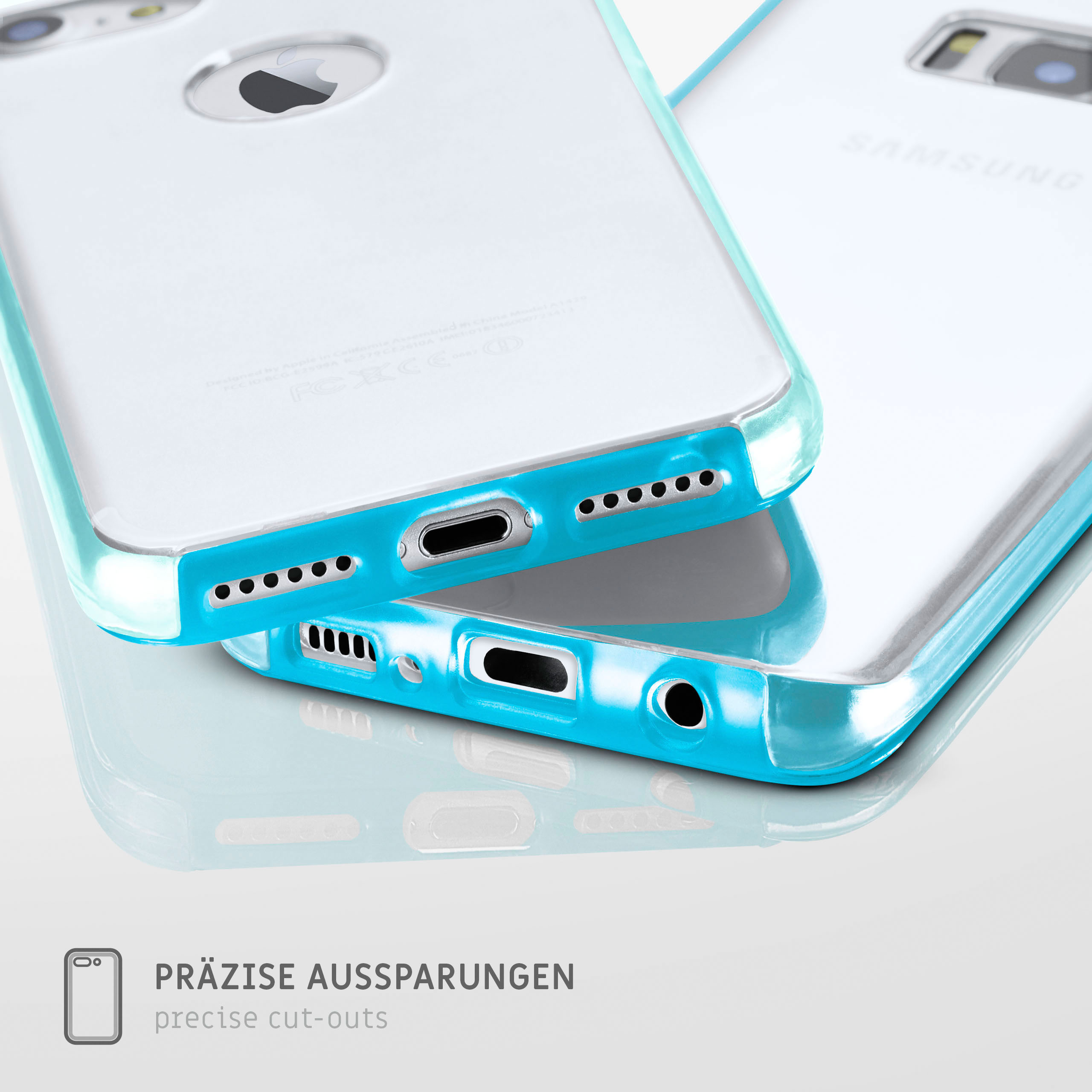 Zwei Telefone in transparenten Hüllen, präzise Aussparungen zeigend, auf reflektierender Oberfläche.