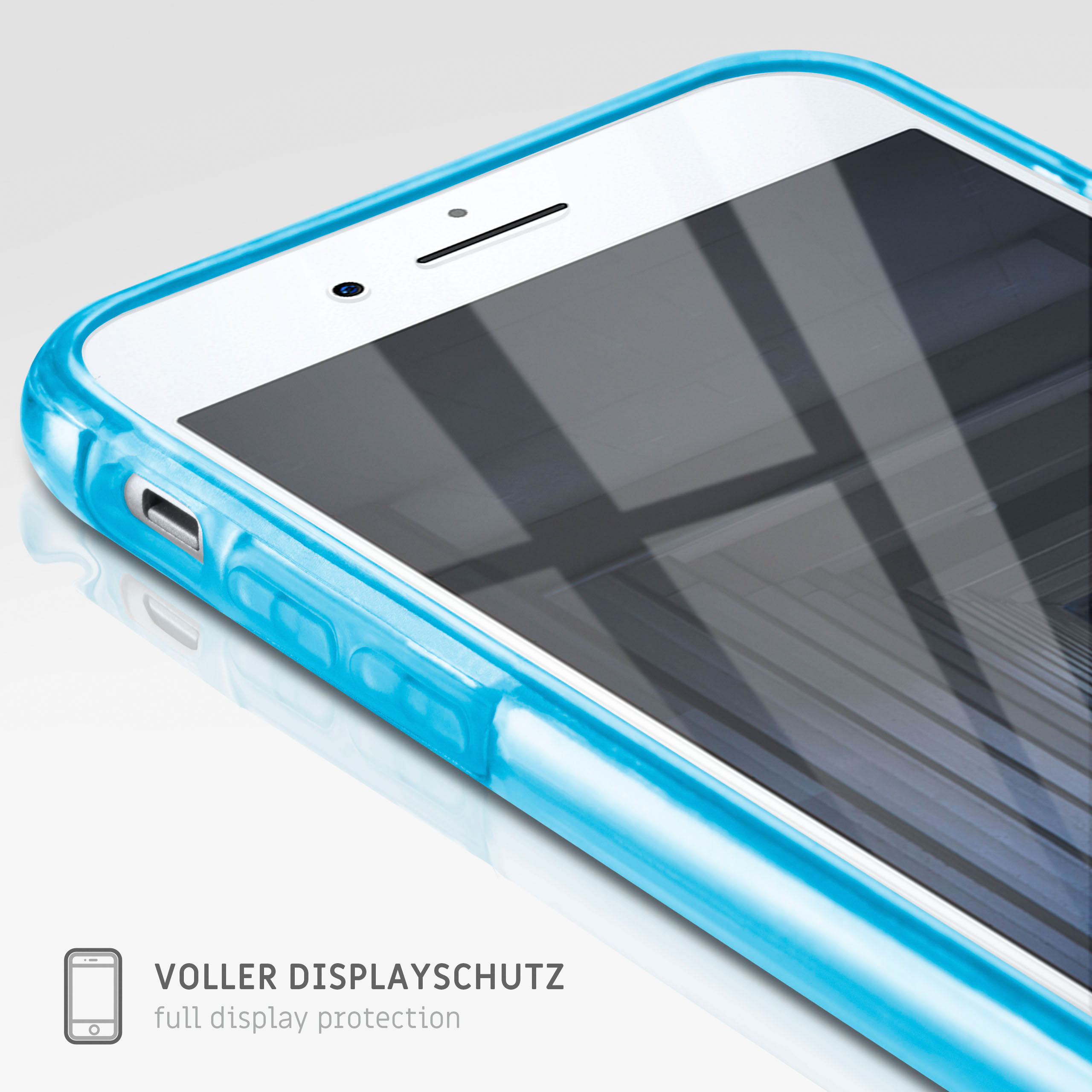 Telefon in blauer Hülle, weißer Hintergrund. Text: vollen Displayschutz.